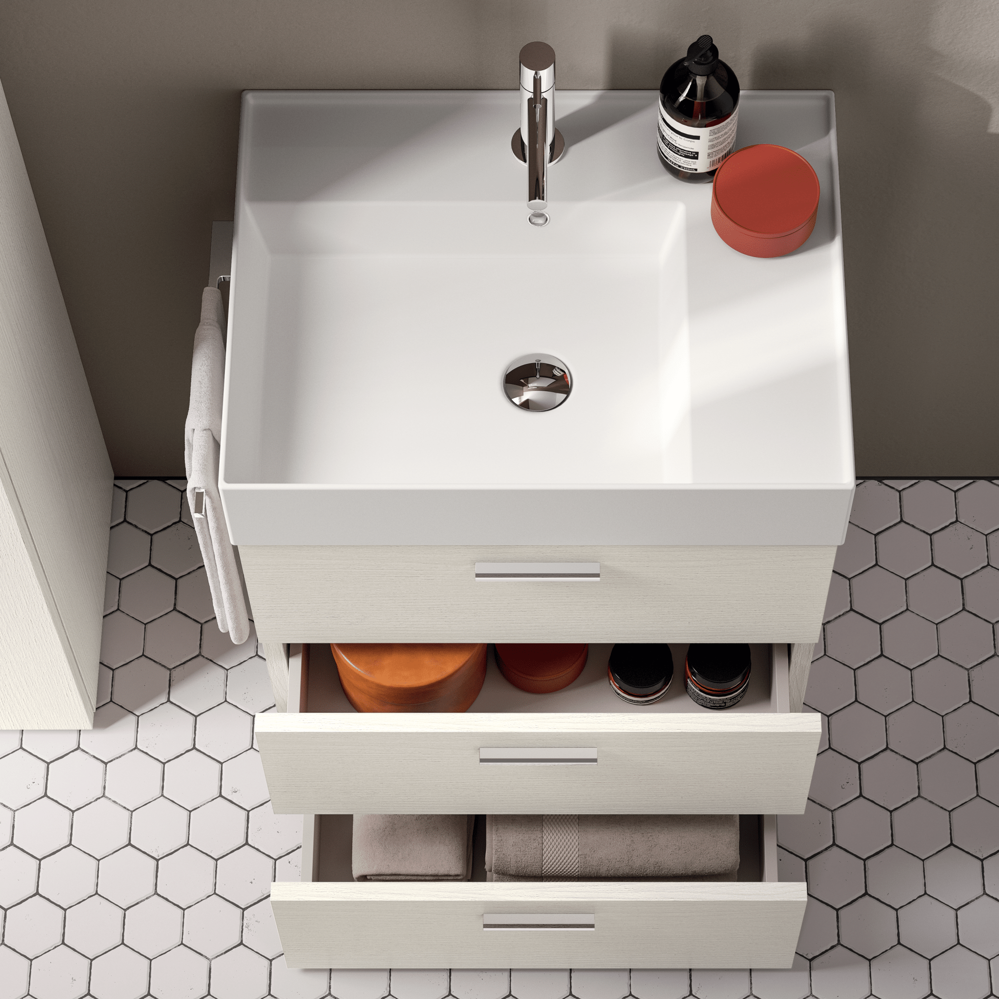 Set Mobile Bagno Aruba Con Lavabo E Specchio LED – Mobile Lavabo 60 Cm, Mobile Alto, 3 Pensili E Specchio Illuminato, Finitura Rovere E Bianco Lucido, Chiusura Ammortizzata