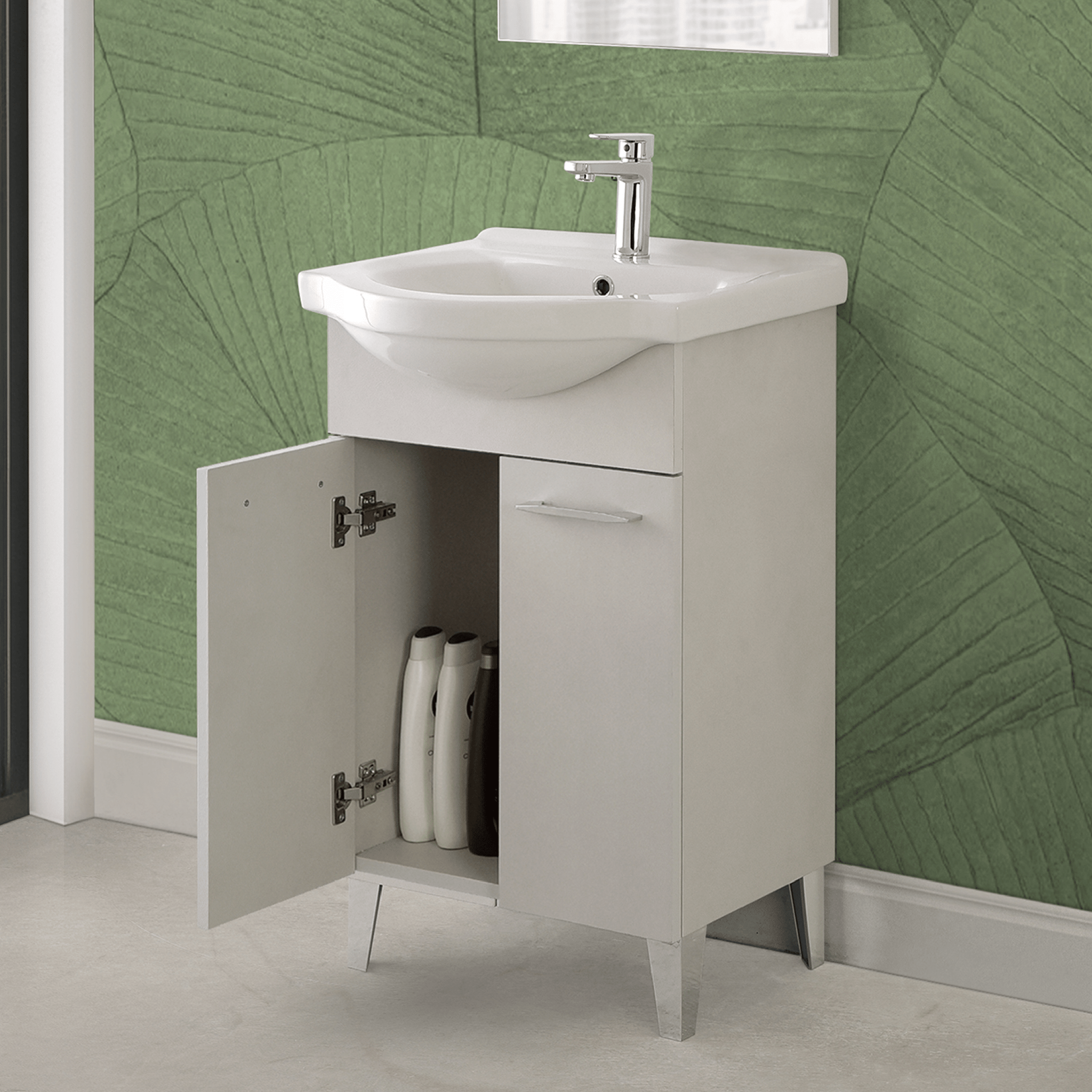 Mobile Bagno a Terra 65 Cm Due Ante Specchio 60x80 Cm Feridras "Iris" Grigio Calce - Dabicasa