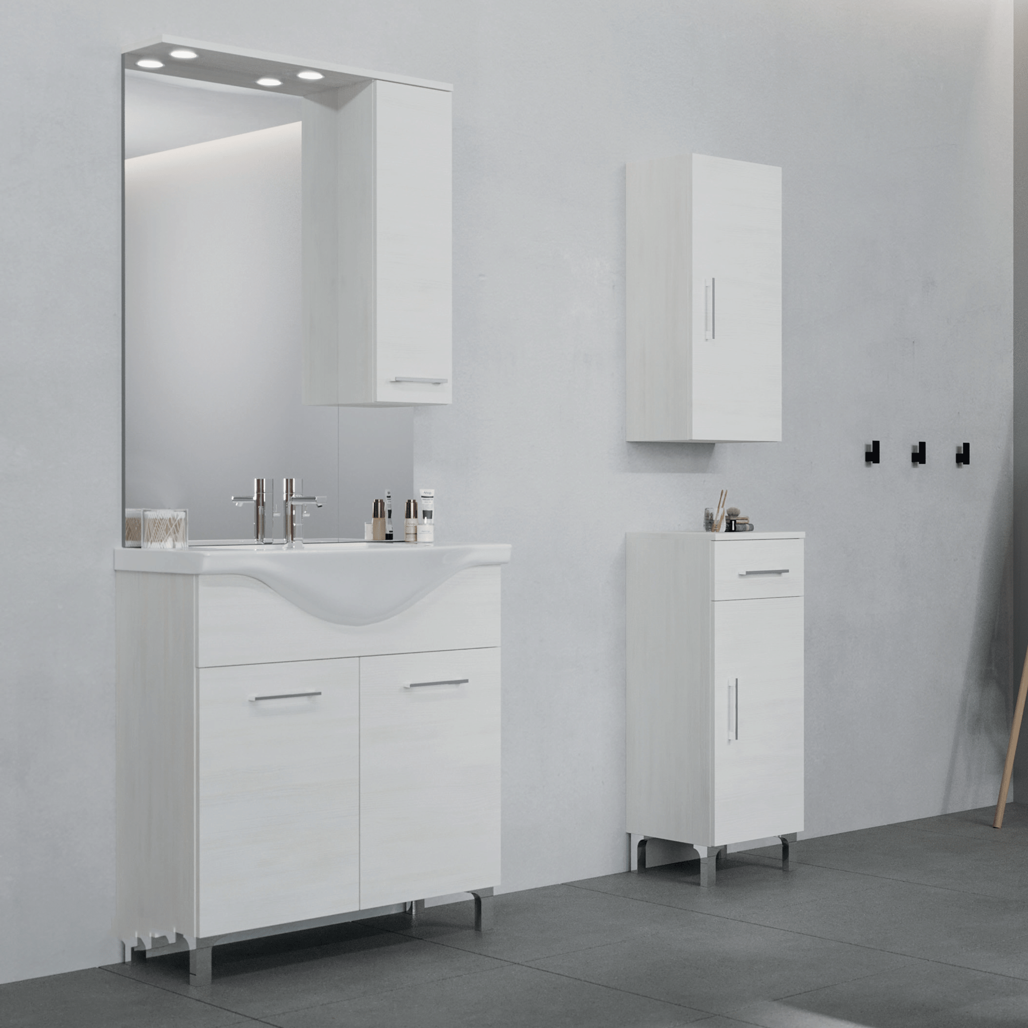 Mobile Bagno a Terra 75 Cm Due Ante Specchio Con Pensile e Illuminazione Led Savini Due "Rubino" Rovere Bianco - Dabicasa