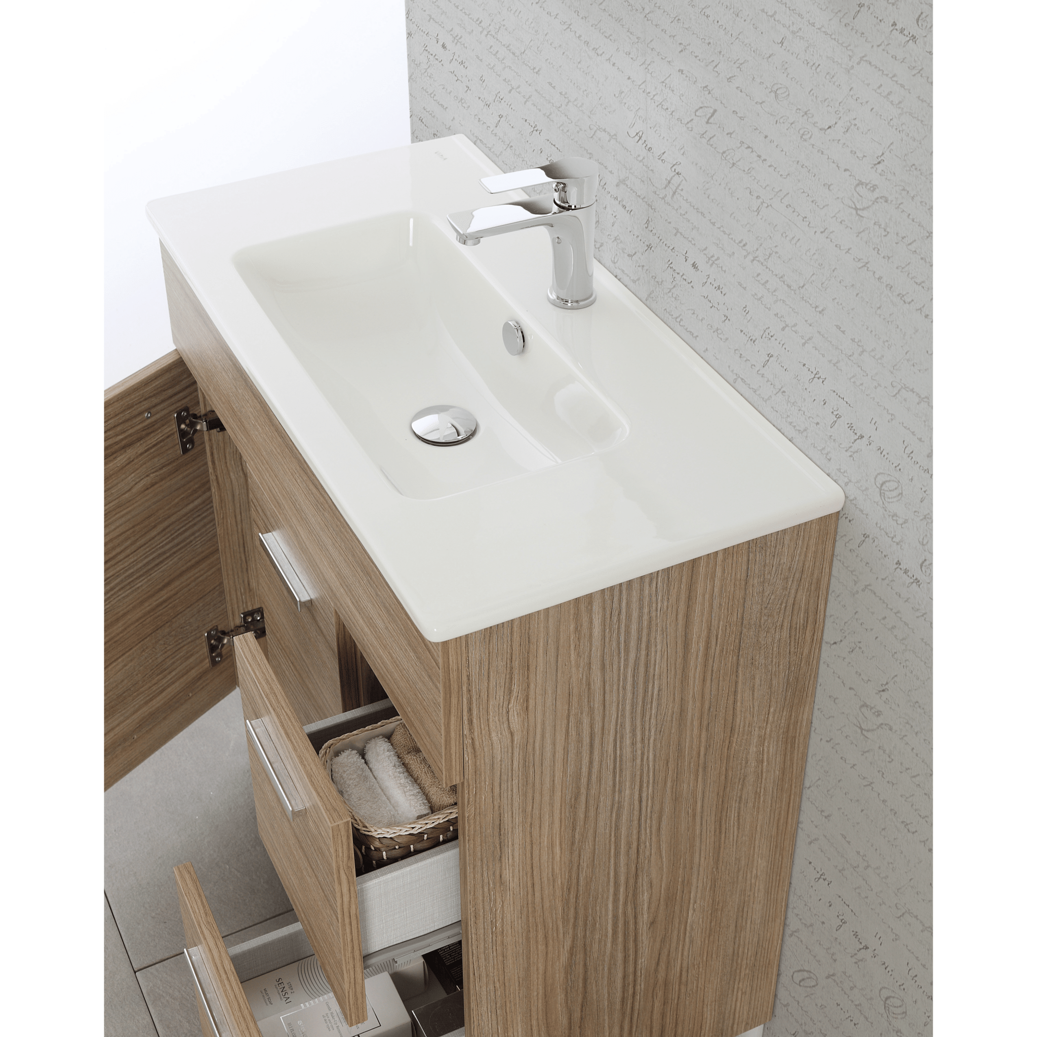 Mobile Bagno a Terra 80 Cm Due Ante Due Cassetti Specchio Con Illuminazione Led Feridras "Greta" Rovere Tropea - Dabicasa