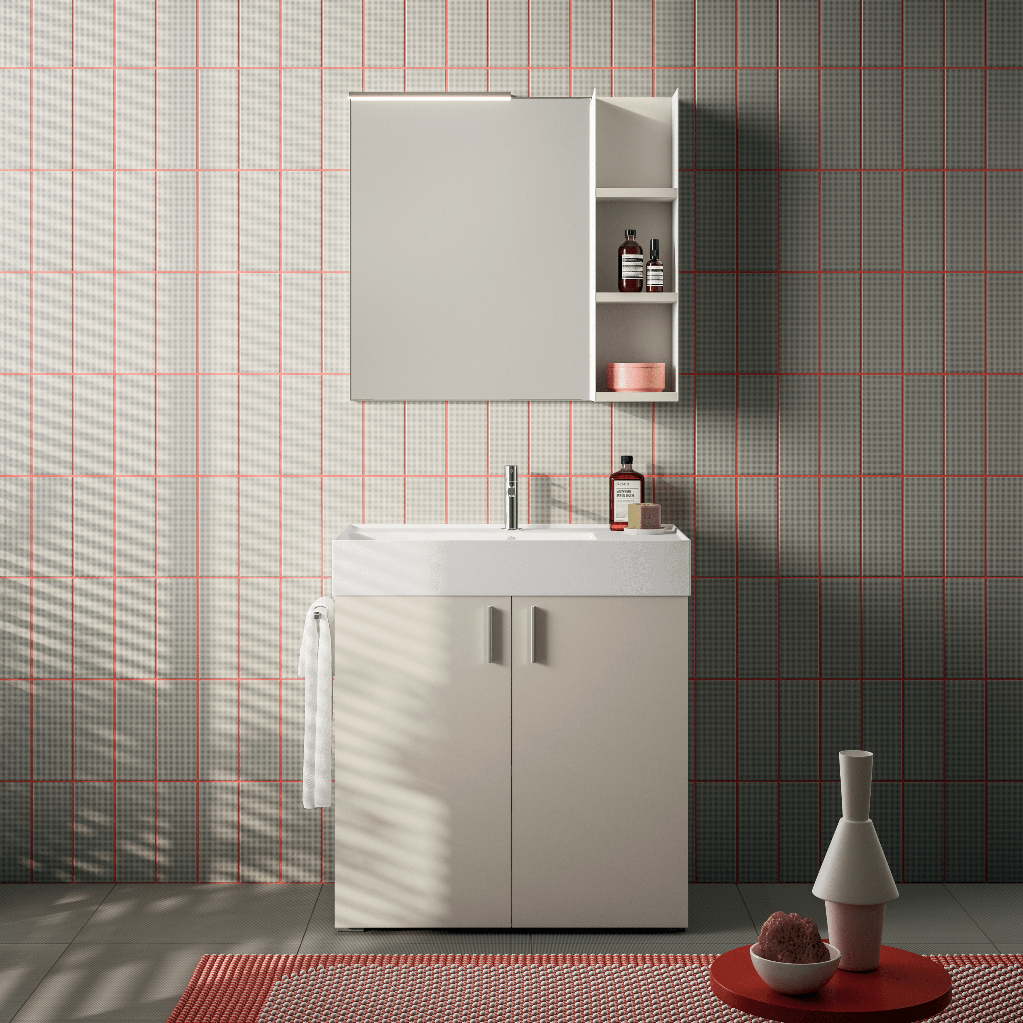 Mobile Bagno a Terra 80 Cm Due Ante Specchio Con Pensile e Illuminazione Led Artesi "KA03" Biscotto - Dabicasa