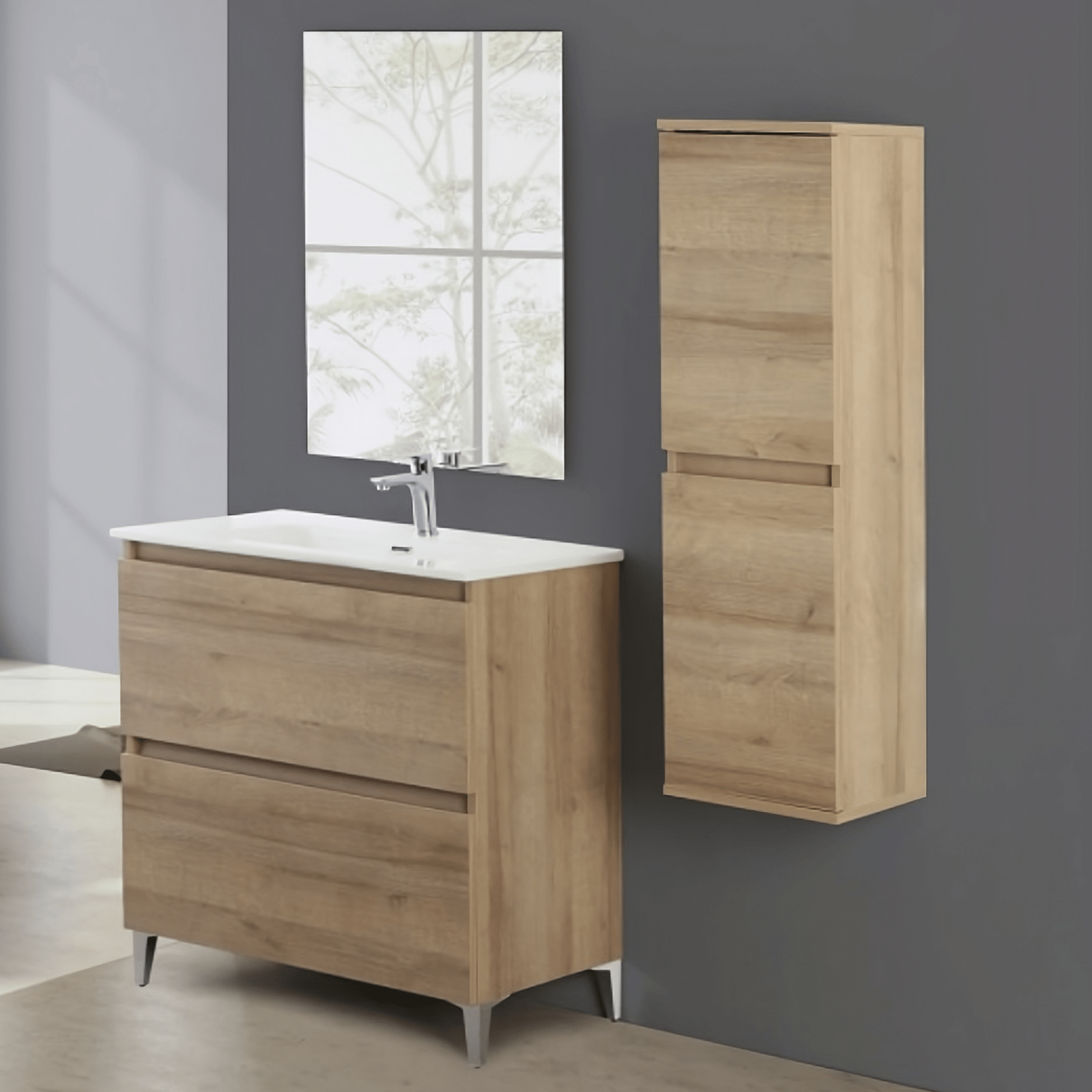Mobile Bagno a Terra 80 Cm Due Cassetti Specchio Feridras "Revital" Rovere Di Bordeaux - Dabicasa
