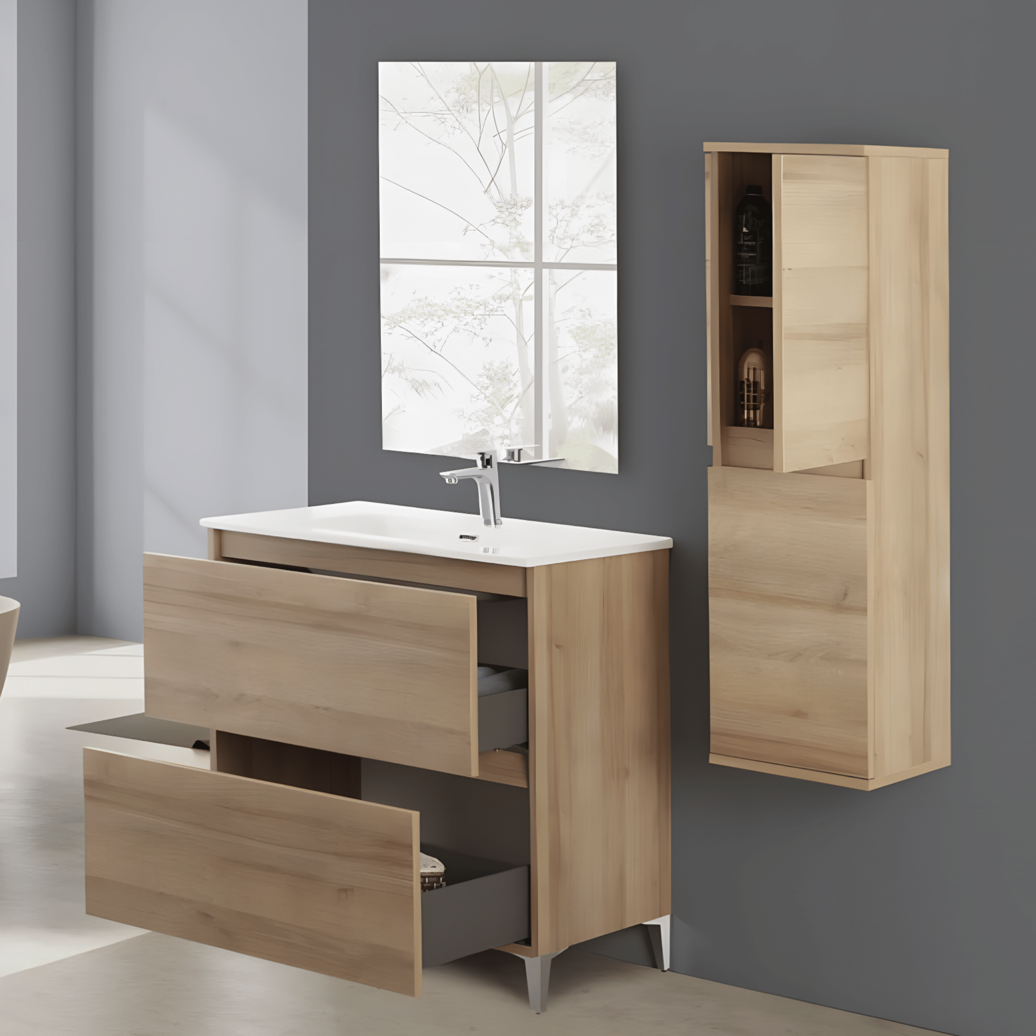 Mobile Bagno a Terra 80 Cm Due Cassetti Specchio Feridras "Revital" Rovere Di Bordeaux - Dabicasa