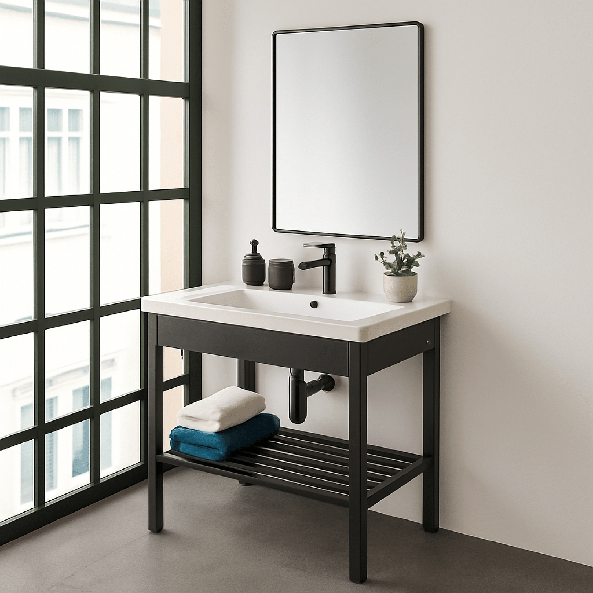 Mobile Bagno a Terra 80 Cm Specchio Feridras "Borg" Nero Opaco - Dabicasa