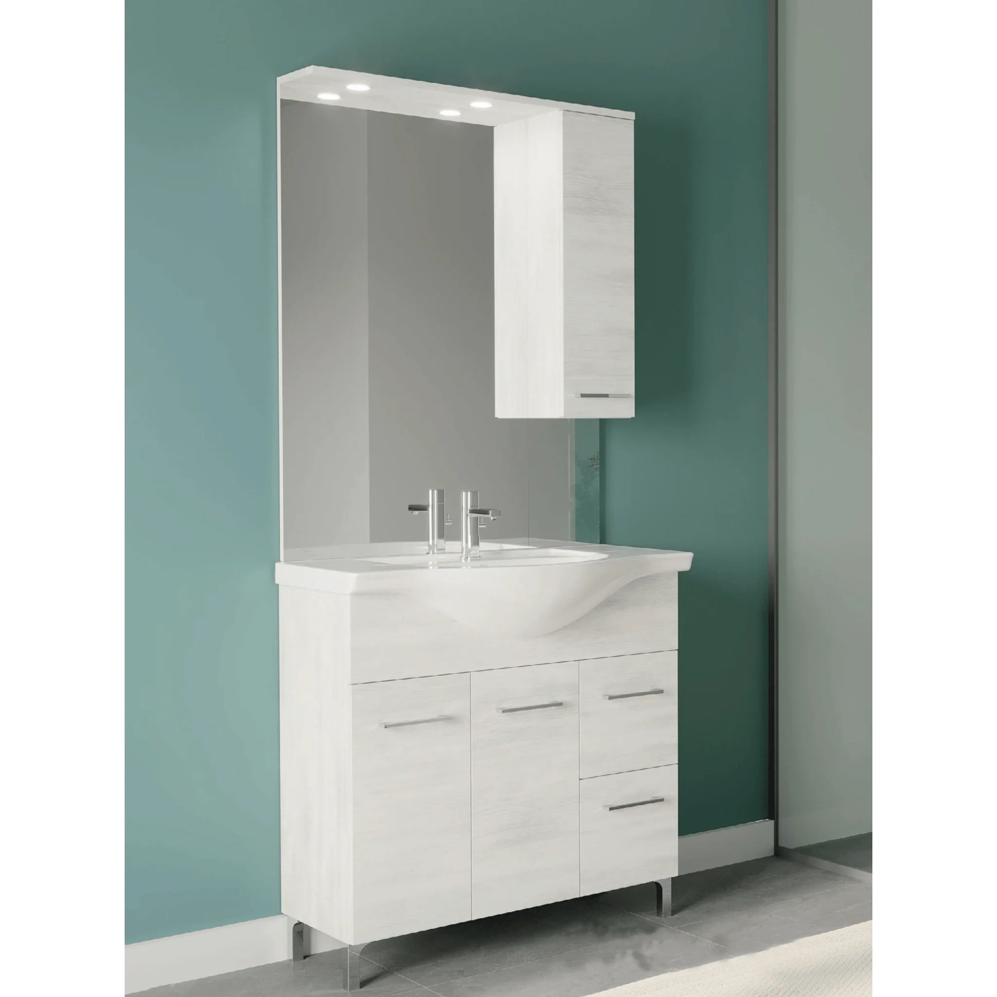 Mobile Bagno a Terra 85 Cm Due Ante Due Cassetti Specchio Con Pensile e Illuminazione Led Savini Due "Rubino" Rovere Bianco - Dabicasa