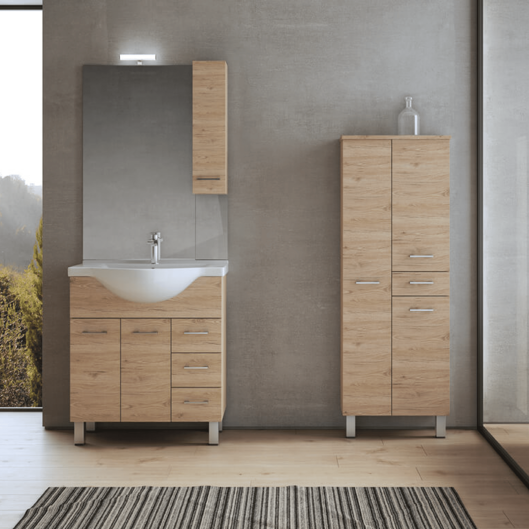 Mobile Bagno a Terra 85 Cm Due Ante Tre Cassetti Specchio Con Pensile e Illuminazione Led Savini "Gaia 1" - Dabicasa
