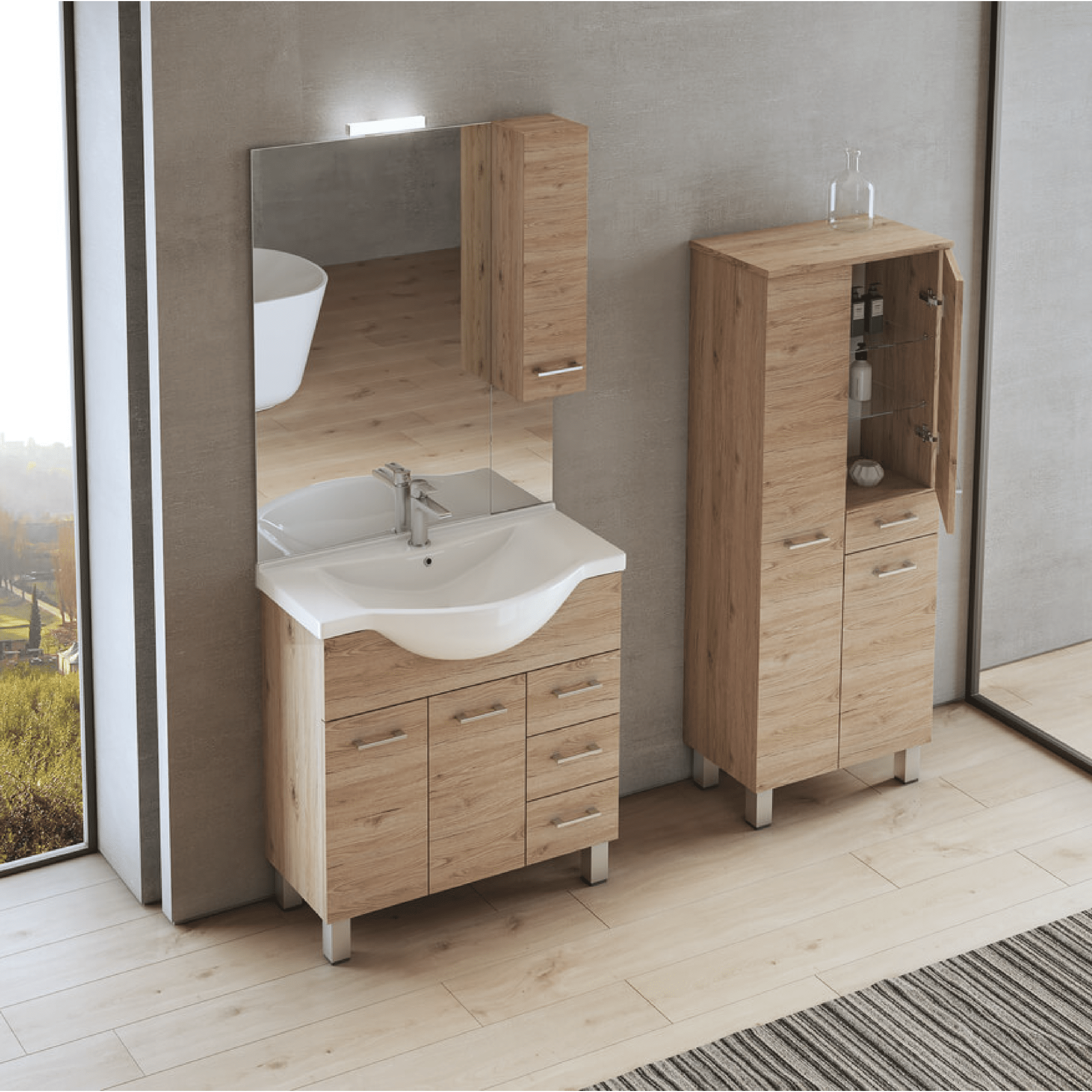 Mobile Bagno a Terra 85 Cm Due Ante Tre Cassetti Specchio Con Pensile e Illuminazione Led Savini "Gaia 1" - Dabicasa