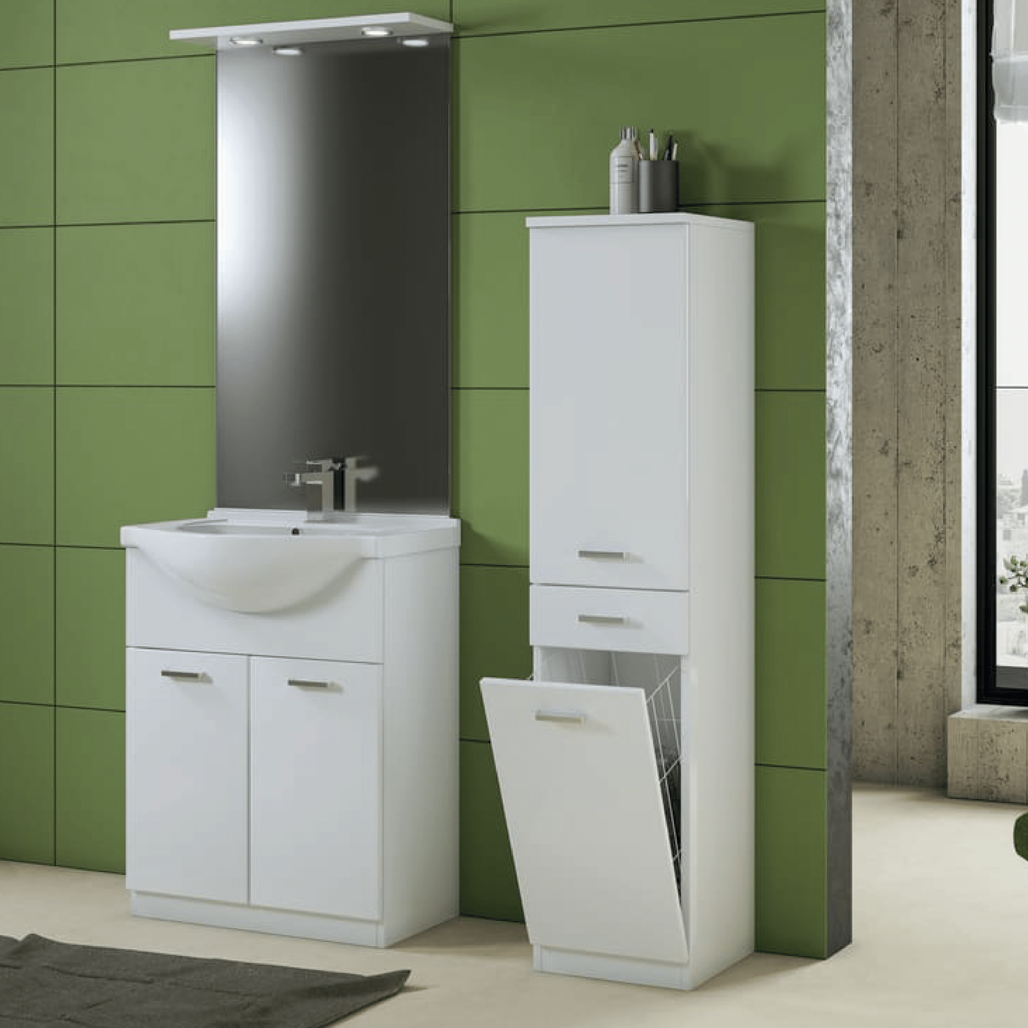 Mobile Bagno A Terra "Classica" Da 75 Cm Composto Da Due Ante E Tre Cassetti Lavabo E Specchio Con Faretti Led Finitura Bianco Lucido - Dabicasa