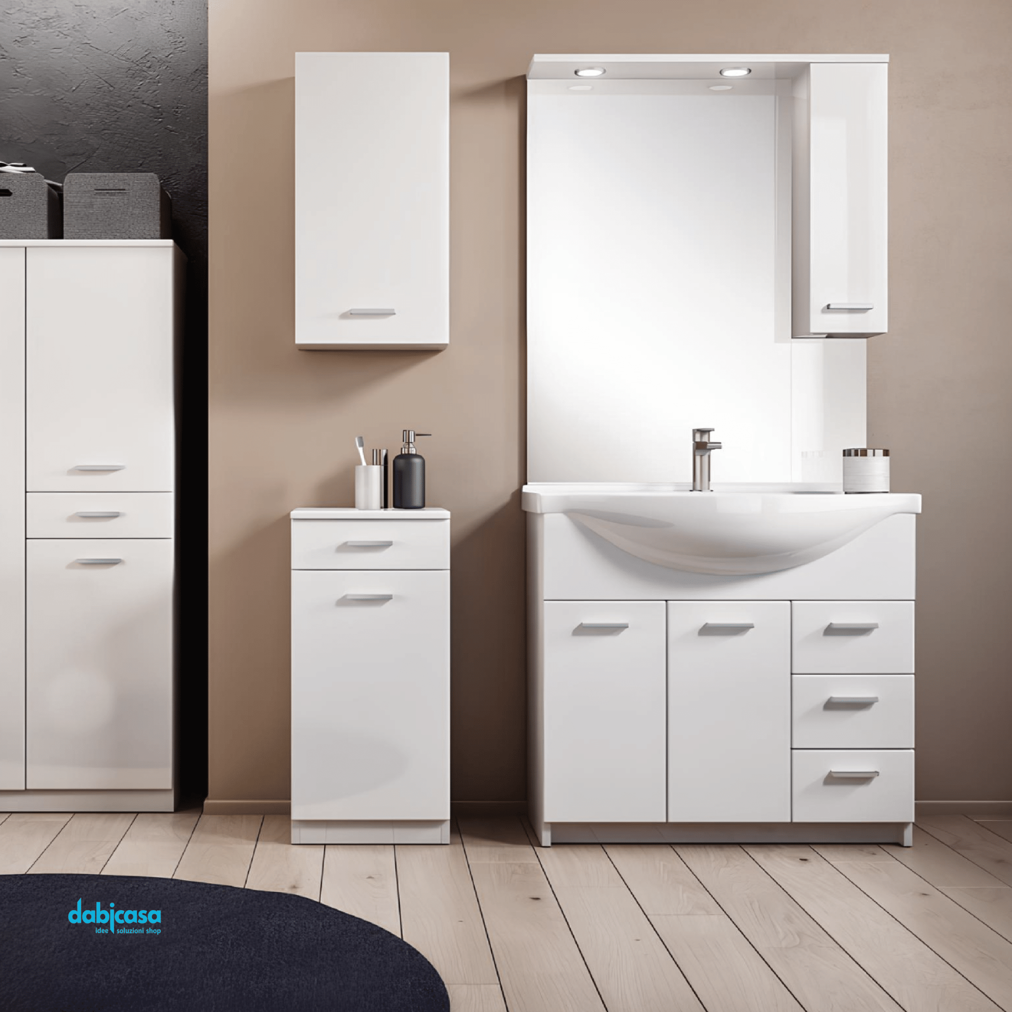 Mobile Bagno A Terra "Classica" Da 85 Cm Composto Da Due Ante E Tre Cassetti Lavabo E Specchio Con Faretti Led Finitura Bianco Lucido - Dabicasa