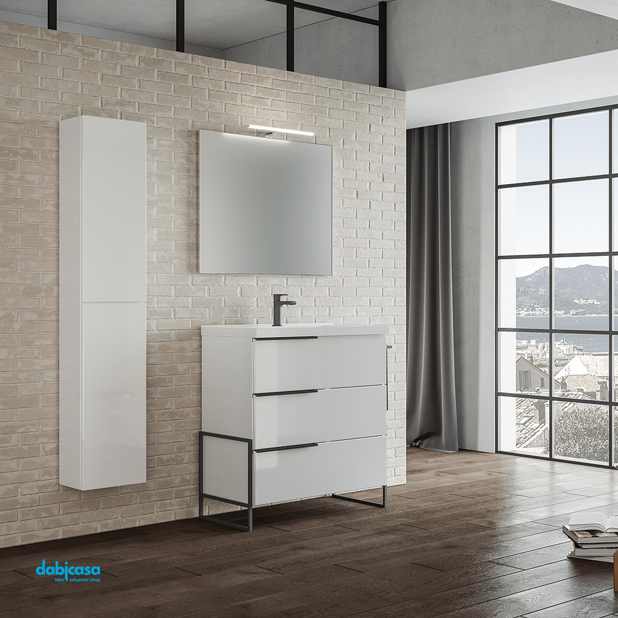 Mobile Bagno A Terra "Febe 1" Da 100 Cm Composto Da Tre Cassetti Lavabo E Specchio Con Lampada Led - Dabicasa