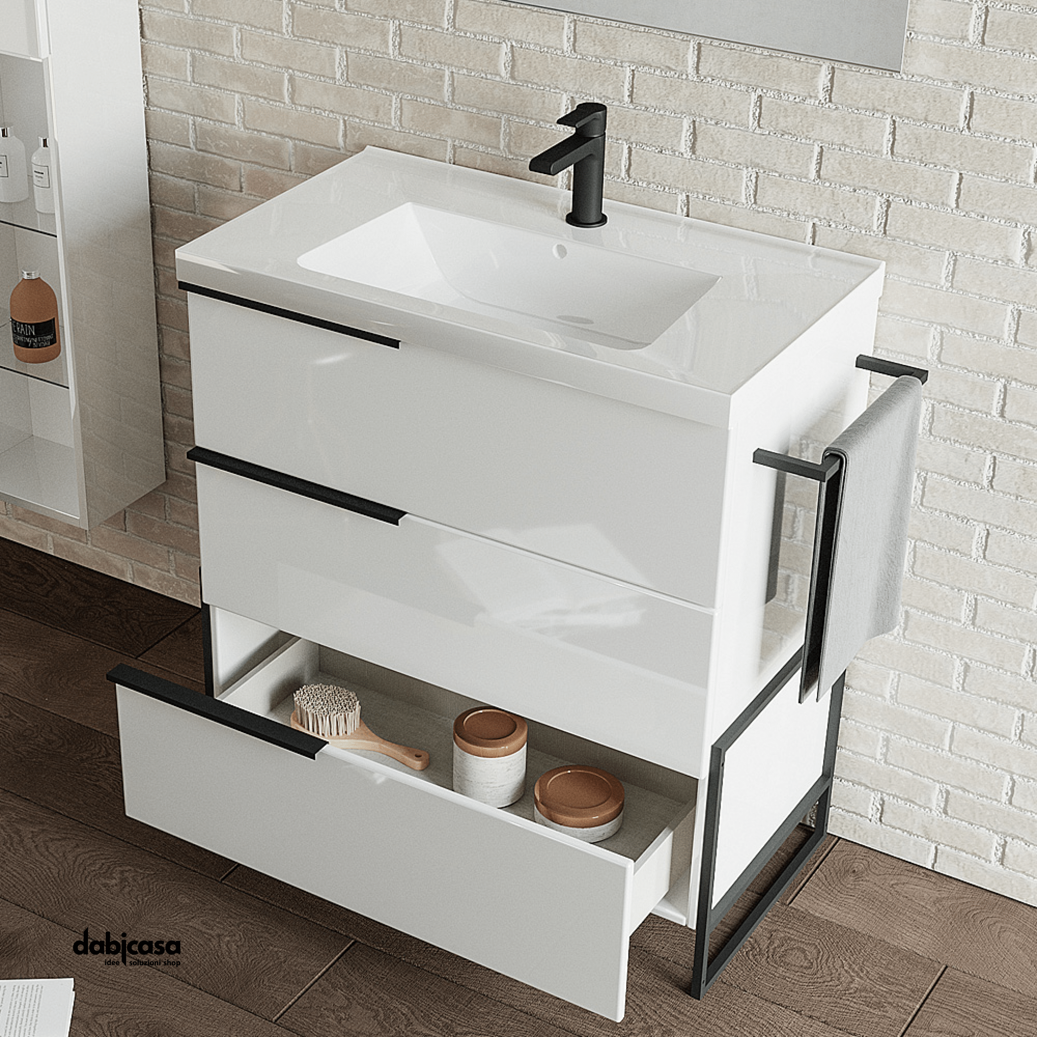 Mobile Bagno A Terra "Febe 1" Da 60 Cm Composto Da Tre Cassetti Lavabo E Specchio Con Lampada Led - Dabicasa