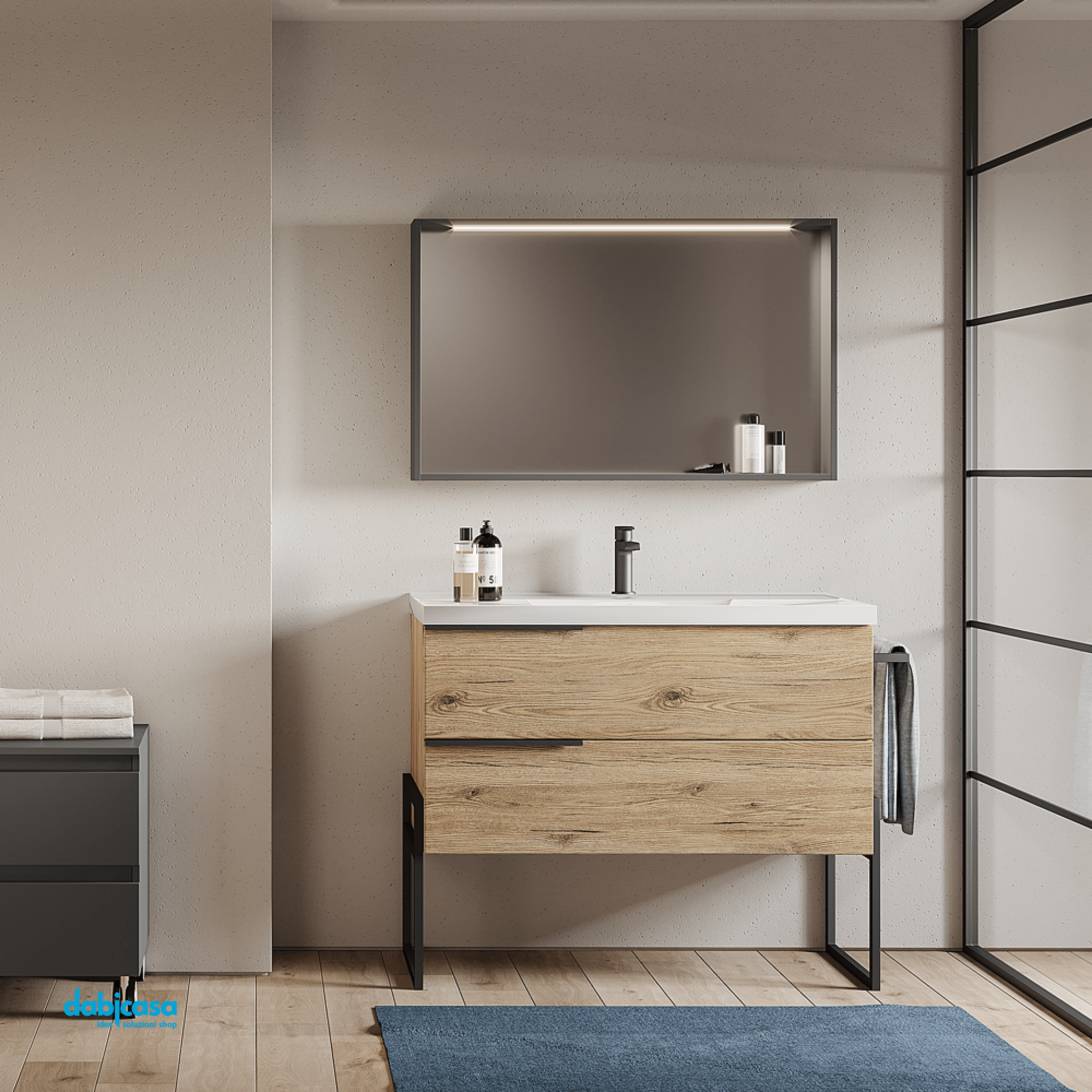 Mobile Bagno A Terra "Febe 2" Da 100 Cm Composto Da Due Cassetti Lavabo E Specchio Con Strip Led - Dabicasa