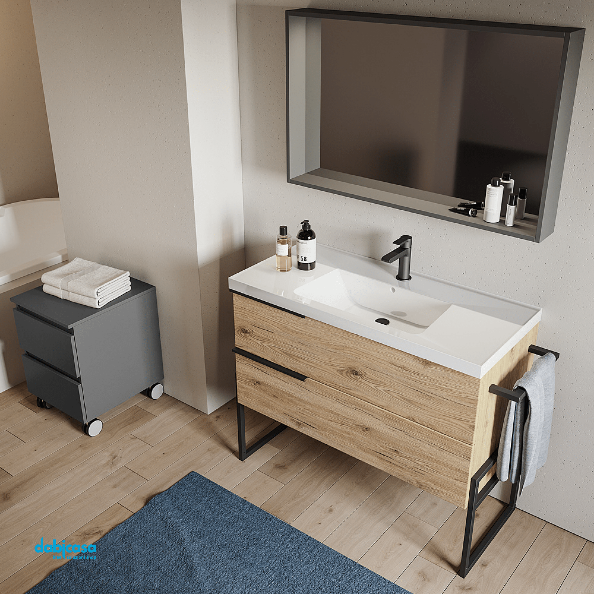 Mobile Bagno A Terra "Febe 2" Da 60 Cm Composto Da Due Cassetti Lavabo E Specchio Con Barra Led - Dabicasa