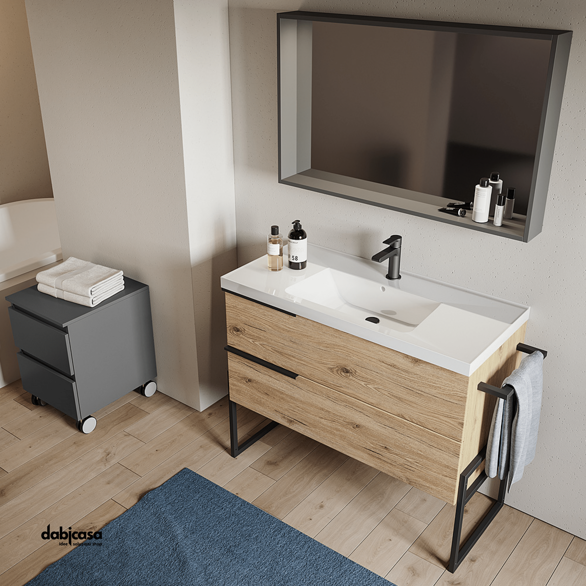 Mobile Bagno A Terra "Febe 2" Da 80 Cm Composto Da Due Cassetti Lavabo E Specchio Con Strip Led - Dabicasa