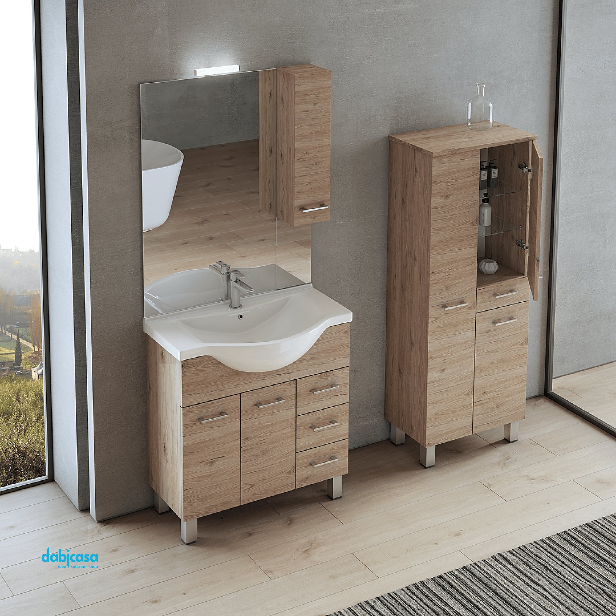 Mobile Bagno A Terra "Gaia 1" Da 105 Cm Composto Da Due Ante E Tre Cassetti Lavabo E Specchio Con Lampada led - Dabicasa