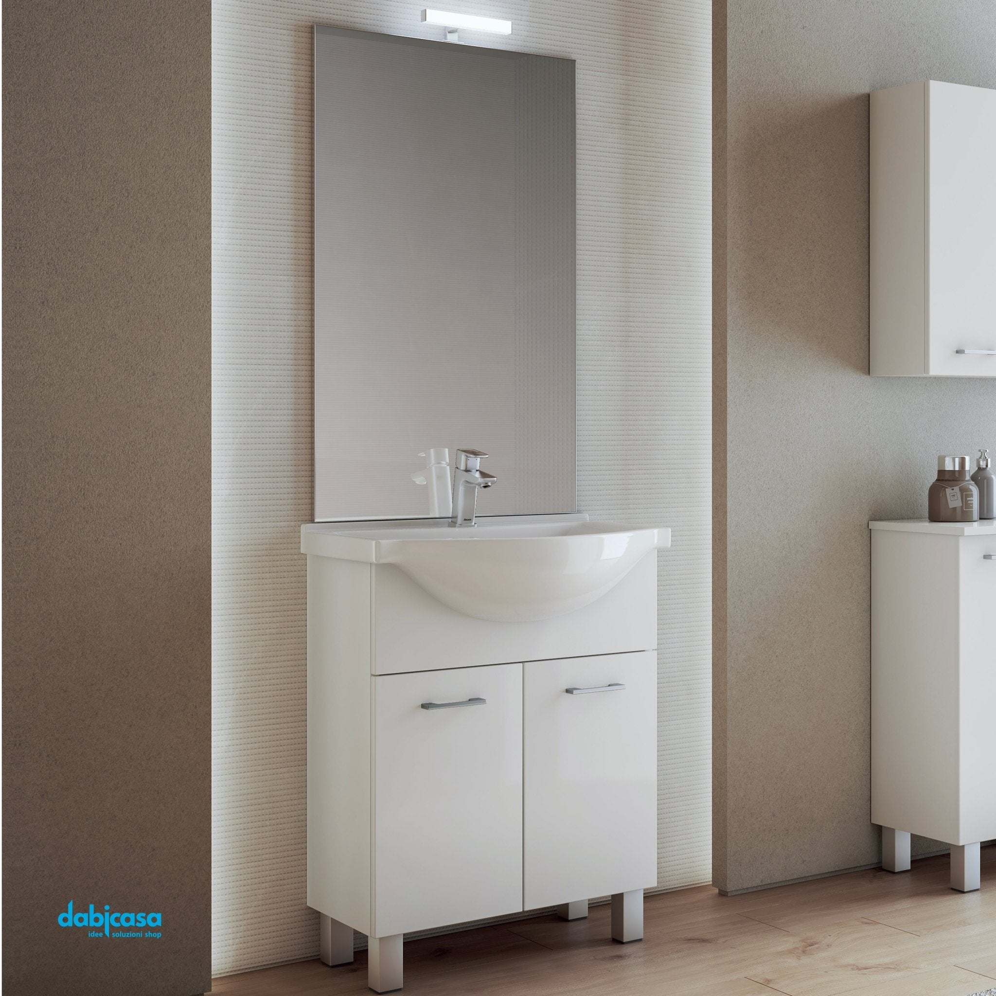 Mobile Bagno A Terra "Gaia 1" Da 65 Cm Composto Da Due Ante Lavabo E Specchio Con Lampada Led - Dabicasa