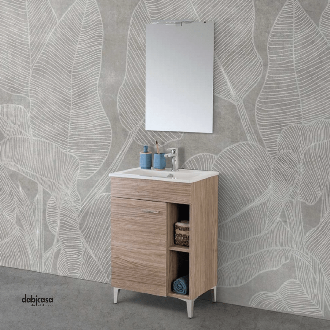 Mobile Bagno A Terra "Greta" Da 60 Cm Composto Da Un Anta e Vano a Giorno Lavabo E Specchio Con Lampada LedFinitura Rovere Tropea - Dabicasa