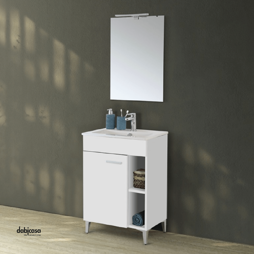 Mobile Bagno A Terra "Greta" Da 60 Cm Composto Da Un Anta Ed Un Vano a Giorno Lavabo E Specchio Con Lampada Led Finitura Bianco Lucido - Dabicasa