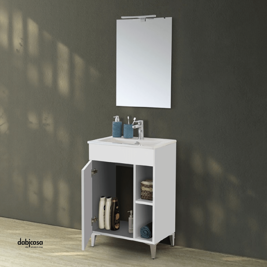 Mobile Bagno A Terra "Greta" Da 60 Cm Composto Da Un Anta Ed Un Vano a Giorno Lavabo E Specchio Con Lampada Led Finitura Bianco Lucido - Dabicasa