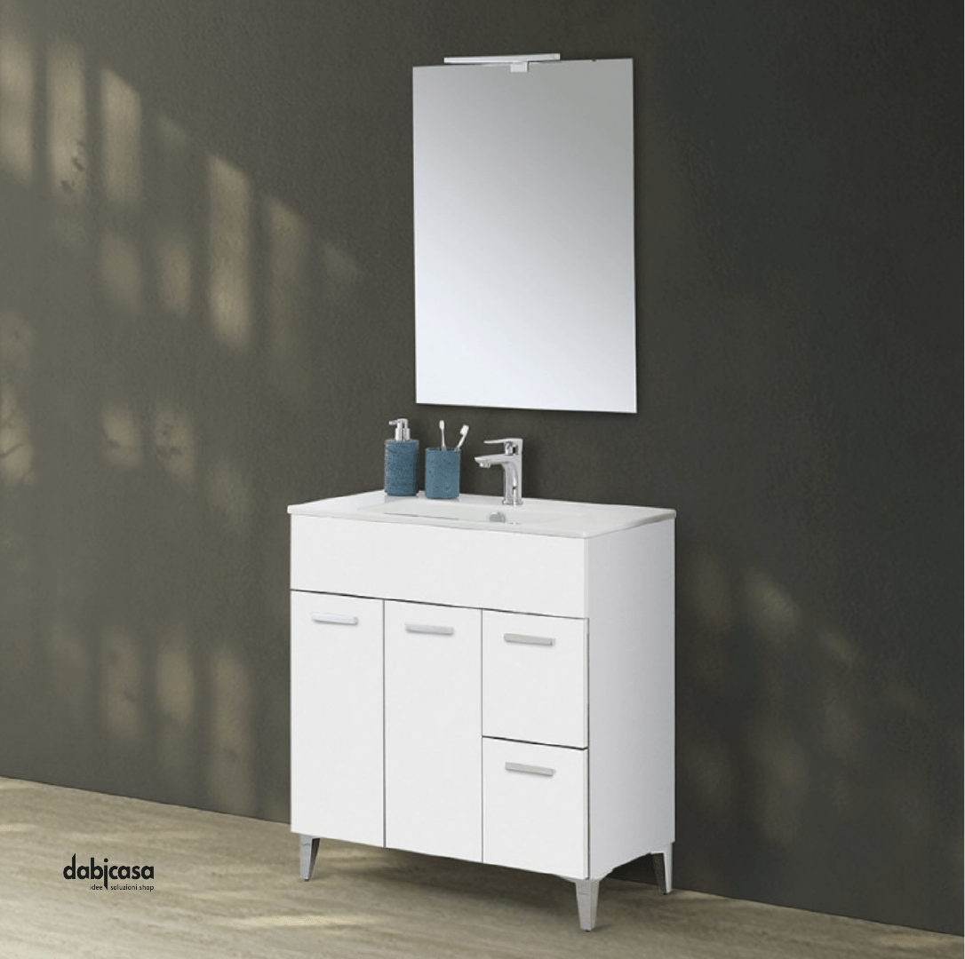 Mobile Bagno A Terra "Greta" Da 80 Cm Composto Da Due Ante e Due Cassetti Lavabo E Specchio Con Lampada Led Finitura Bianco Lucido - Dabicasa