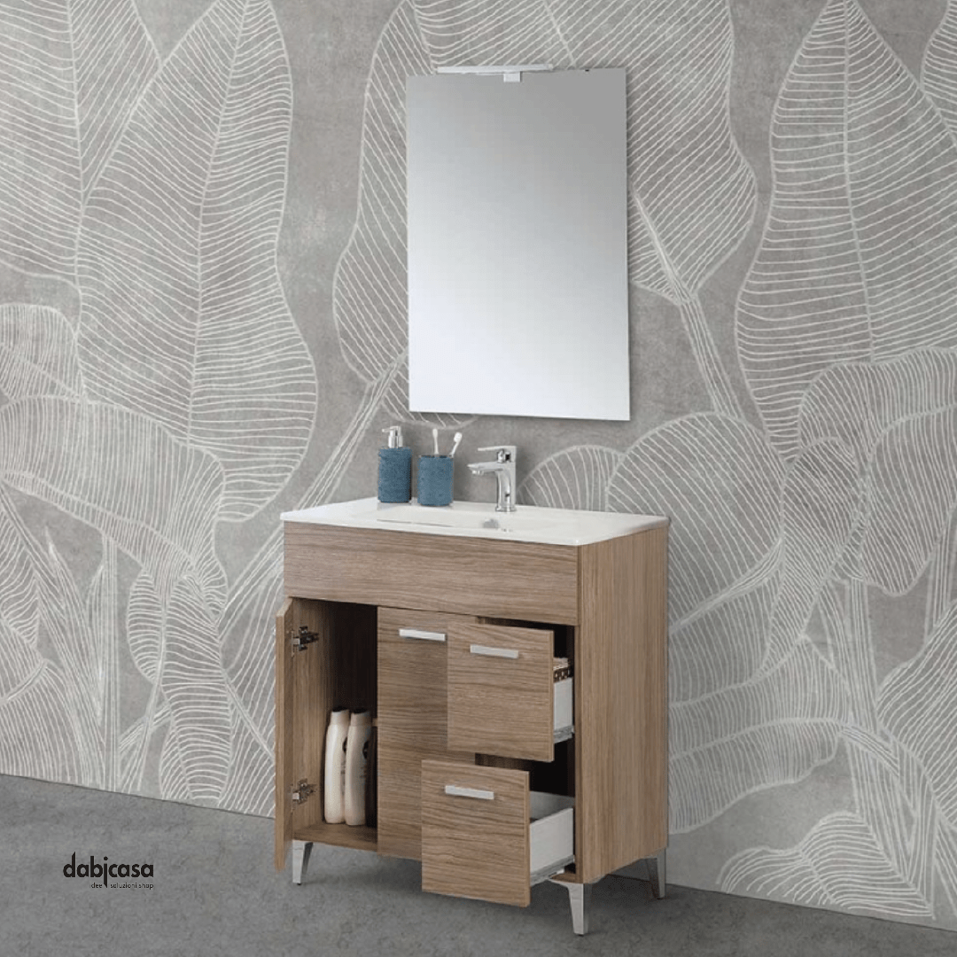 Mobile Bagno A Terra "Greta" Da 80 Cm Composto Da Due Ante e Due Cassetti Lavabo E Specchio Con Lampada Led Finitura Rovere Tropea - Dabicasa