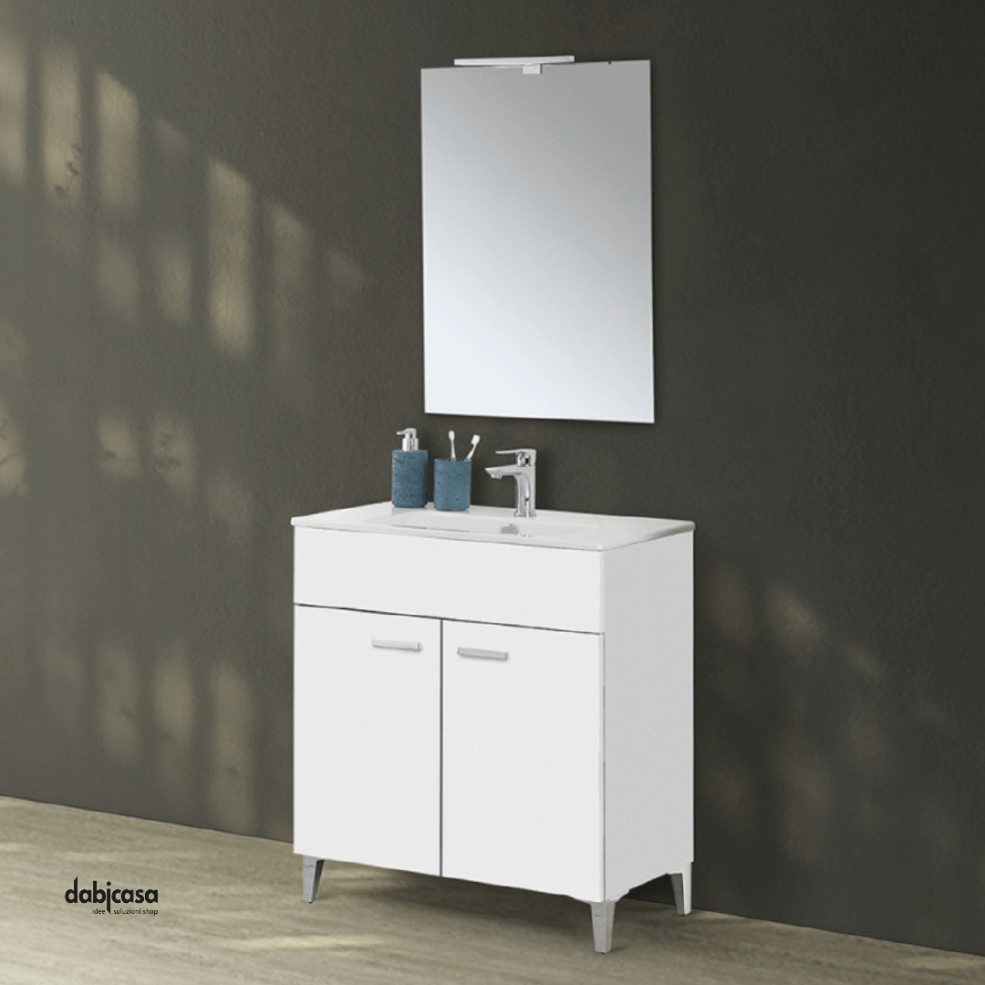 Mobile Bagno A Terra "Greta" Da 80 Cm Composto Da Due Ante Lavabo E Specchio Con Lampada Led Finitura Bianco Lucido - Dabicasa