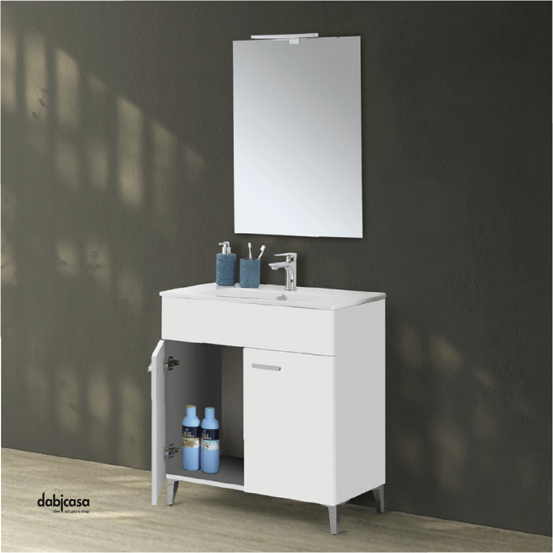 Mobile Bagno A Terra "Greta" Da 80 Cm Composto Da Due Ante Lavabo E Specchio Con Lampada Led Finitura Bianco Lucido - Dabicasa