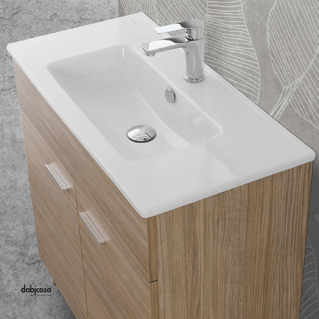 Mobile Bagno A Terra "Greta" Da 80 Cm Composto Da Due Ante Lavabo E Specchio Con Lampada Led Finitura Rovere Tropea - Dabicasa