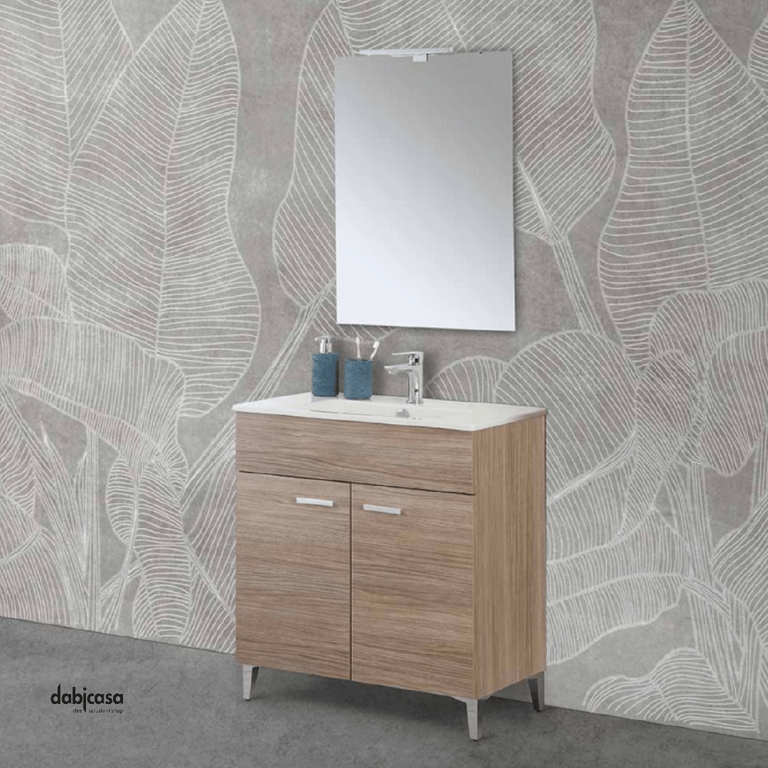 Mobile Bagno A Terra "Greta" Da 80 Cm Composto Da Due Ante Lavabo E Specchio Con Lampada Led Finitura Rovere Tropea - Dabicasa