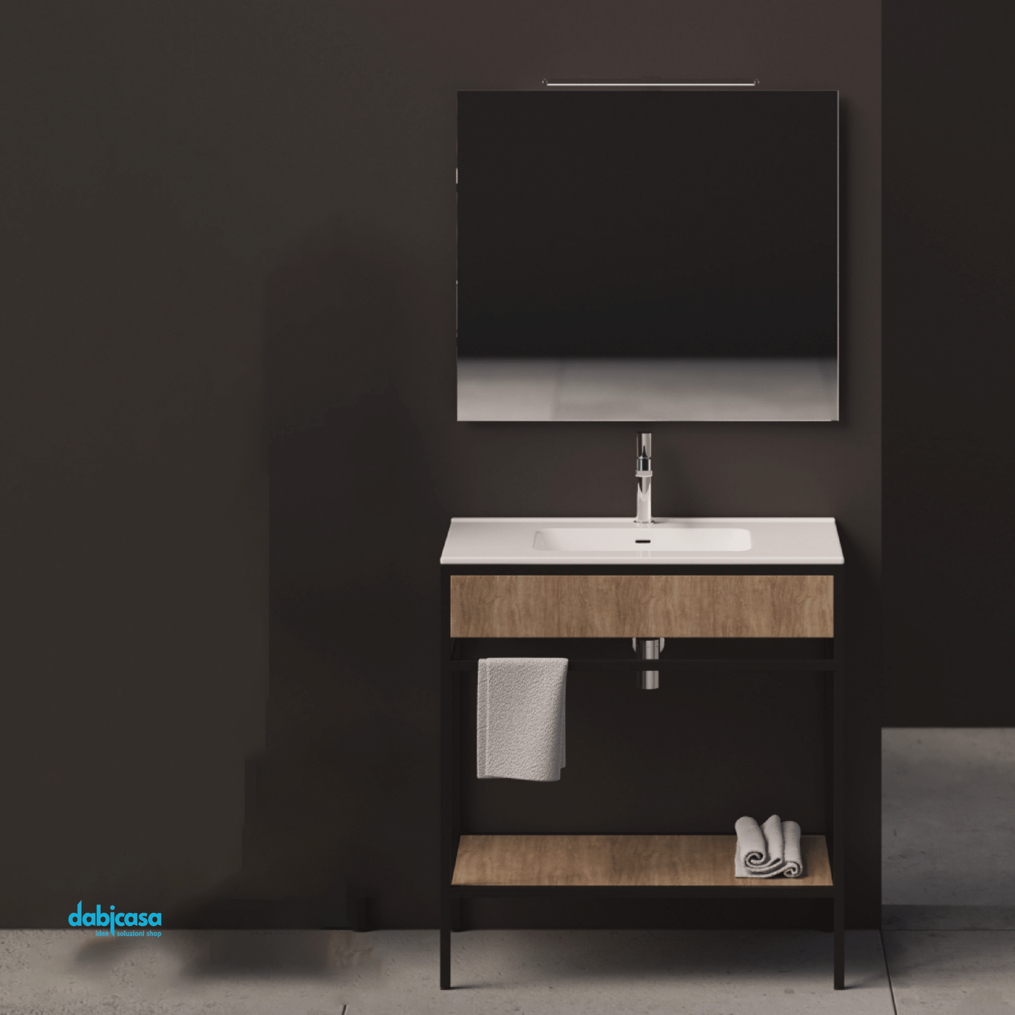 Mobile Bagno A Terra "Linea Contract 46" Da 61 Cm Composto Da Un Piano D'appoggio Lavabo E Specchio Con Lampada Led Finitura Legno - Dabicasa