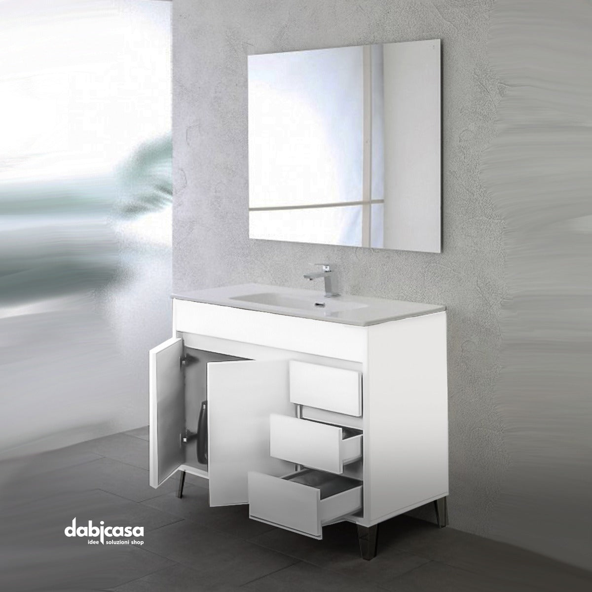 Mobile Bagno A Terra "Mondo 2.0" Da 102 Cm Composto Da Due Ante E Tre Cassetti Lavabo E Specchio Finitura Bianco Opaco/Bianco Laccato - Dabicasa