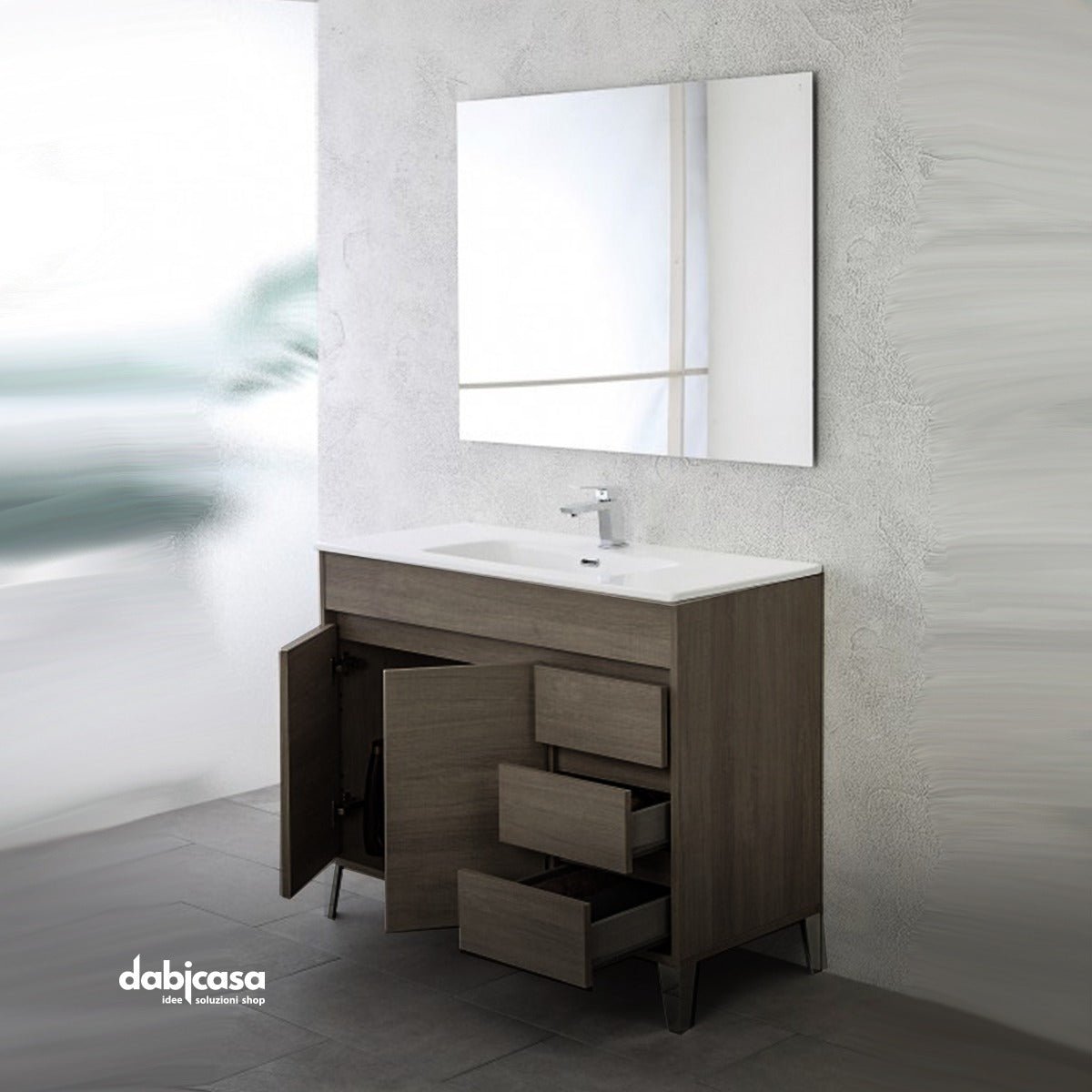 Mobile Bagno A Terra "Mondo 2.0" Da 102 Cm Composto Da Due Ante E Tre Cassetti Lavabo E Specchio Finitura Rovere Scuro - Dabicasa