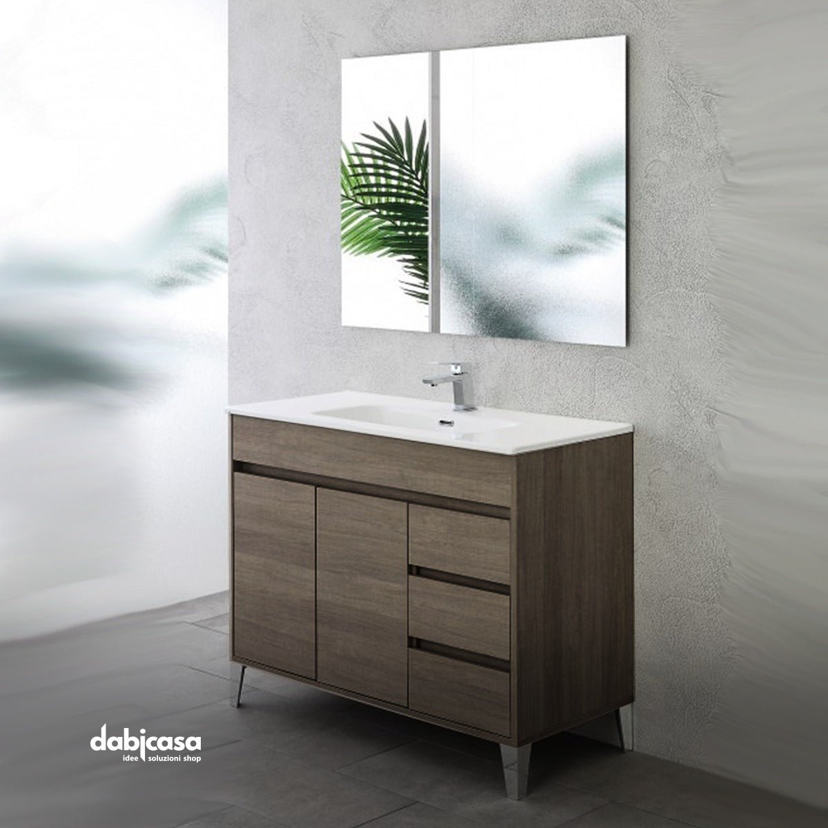 Mobile Bagno A Terra "Mondo 2.0" Da 102 Cm Composto Da Due Ante E Tre Cassetti Lavabo E Specchio Finitura Rovere Scuro - Dabicasa