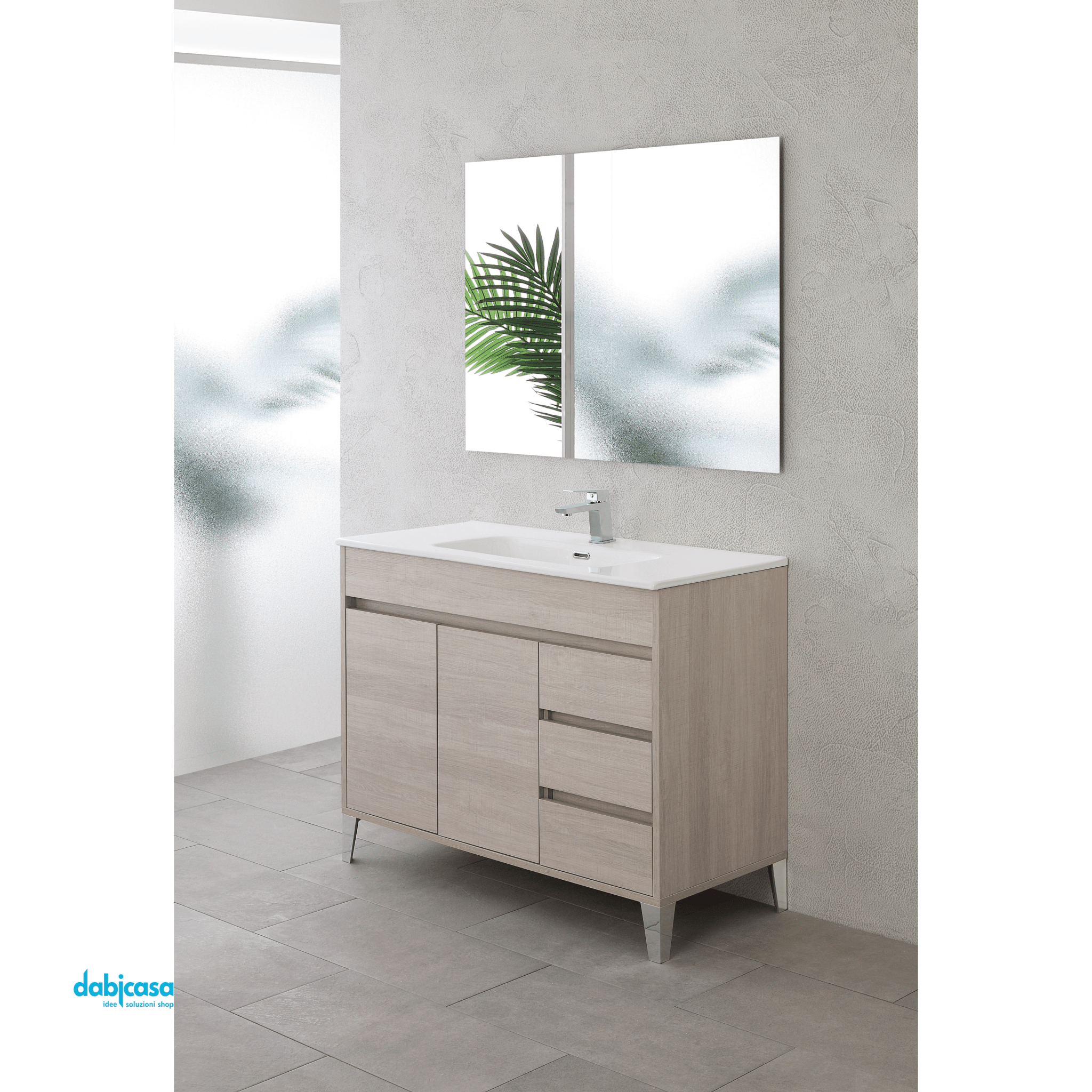 Mobile Bagno A Terra "Mondo 2.0" Da 102 Cm Composto Da Due Ante e Tre Cassettini Lavabo E Specchio Finitura Rovere Chiaro - Dabicasa