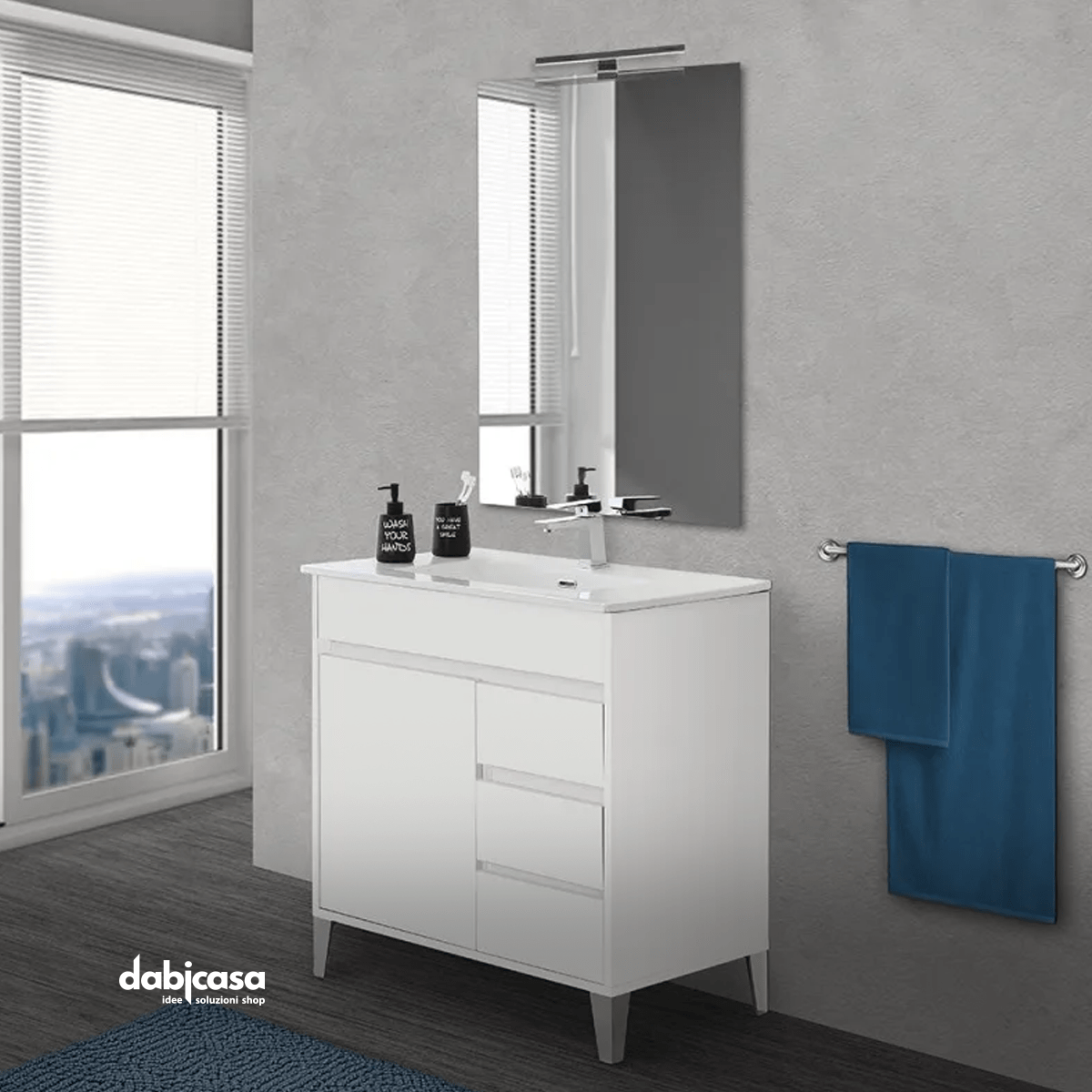 Mobile Bagno A Terra "Mondo 2.0" Da 80 Cm Composto Da Un'Anta E Tre Cassetti Lavabo E Specchio Finitura Bianco Opaco/Bianco Laccato - Dabicasa