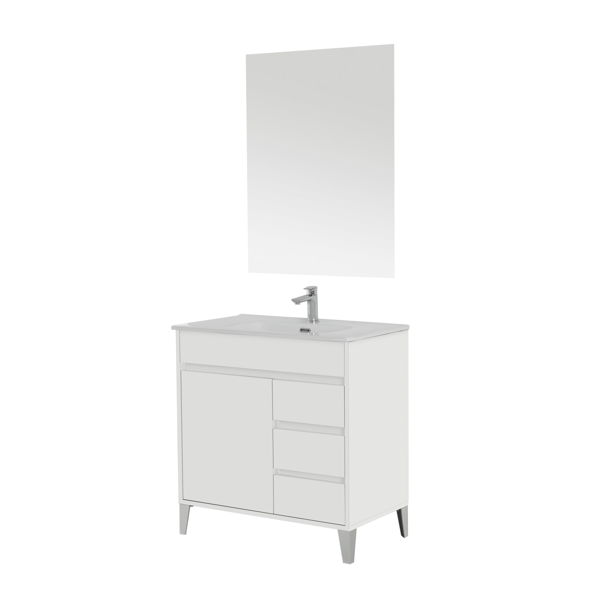Mobile Bagno A Terra "Mondo 2.0" Da 80 Cm Composto Da Un'Anta E Tre Cassetti Lavabo E Specchio Finitura Bianco Opaco/Bianco Laccato - Dabicasa