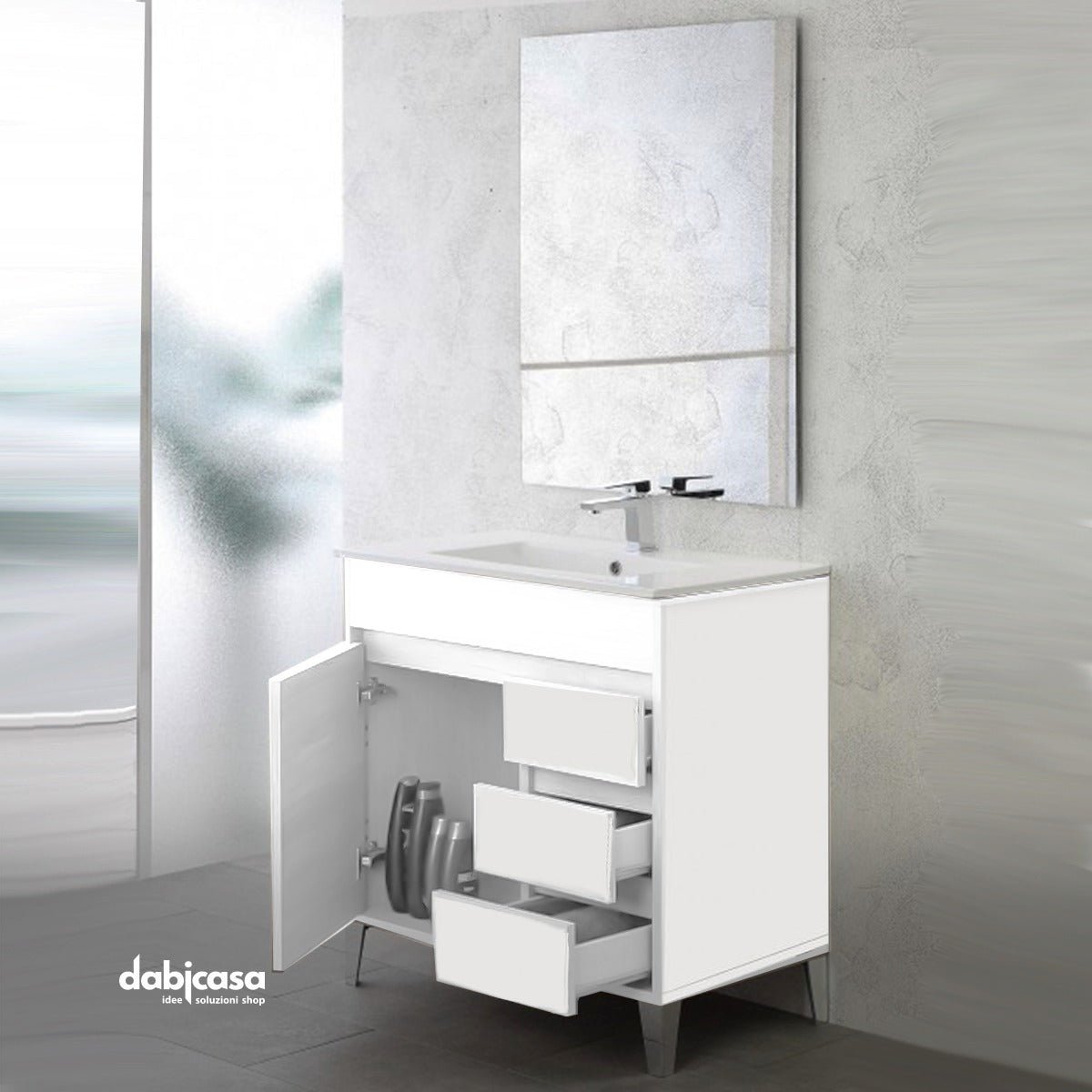 Mobile Bagno A Terra "Mondo 2.0" Da 80 Cm Composto Da Un'Anta E Tre Cassetti Lavabo E Specchio Finitura Bianco Opaco/Bianco Laccato - Dabicasa