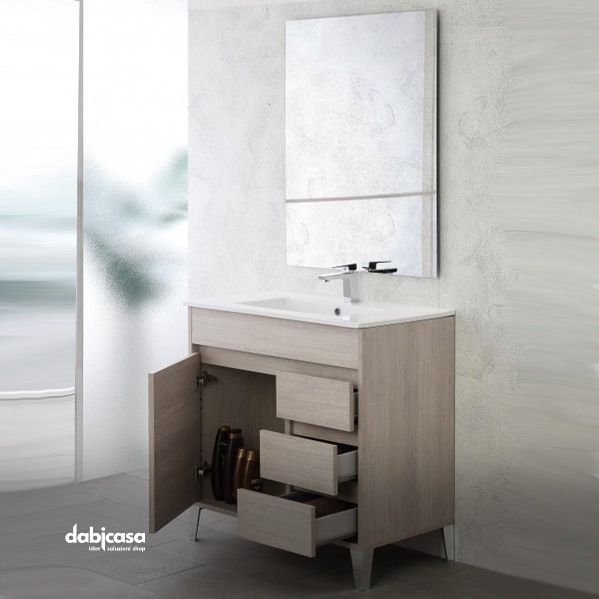 Mobile Bagno A Terra "Mondo 2.0" Da 80 Cm Composto Da Un'Anta E Tre Cassetti Lavabo E Specchio Finitura Rovere Chiaro - Dabicasa