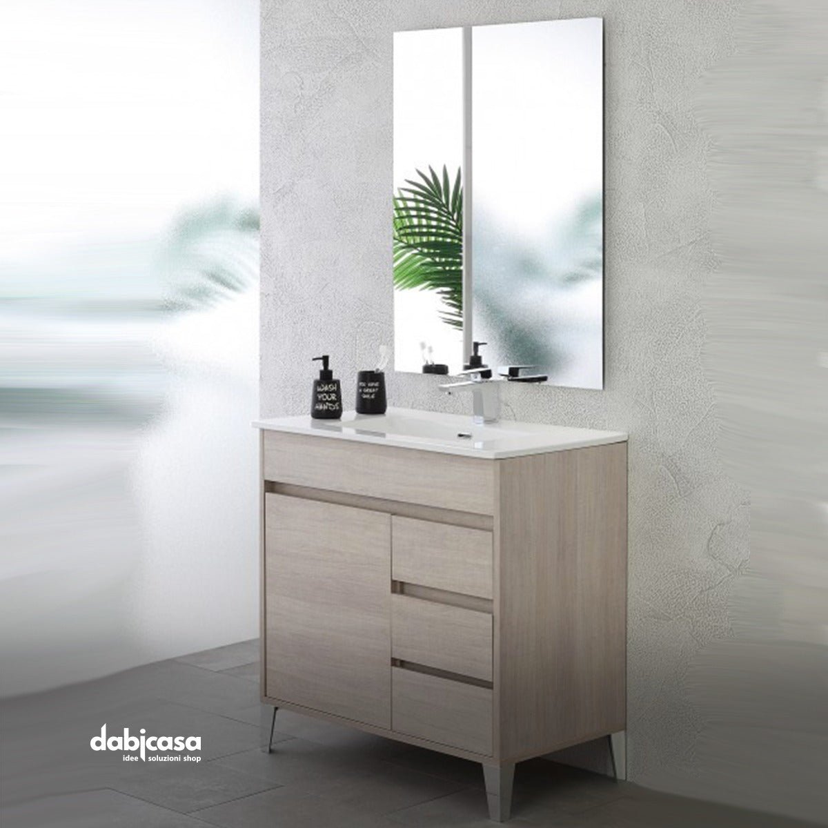 Mobile Bagno A Terra "Mondo 2.0" Da 80 Cm Composto Da Un'Anta E Tre Cassetti Lavabo E Specchio Finitura Rovere Chiaro - Dabicasa