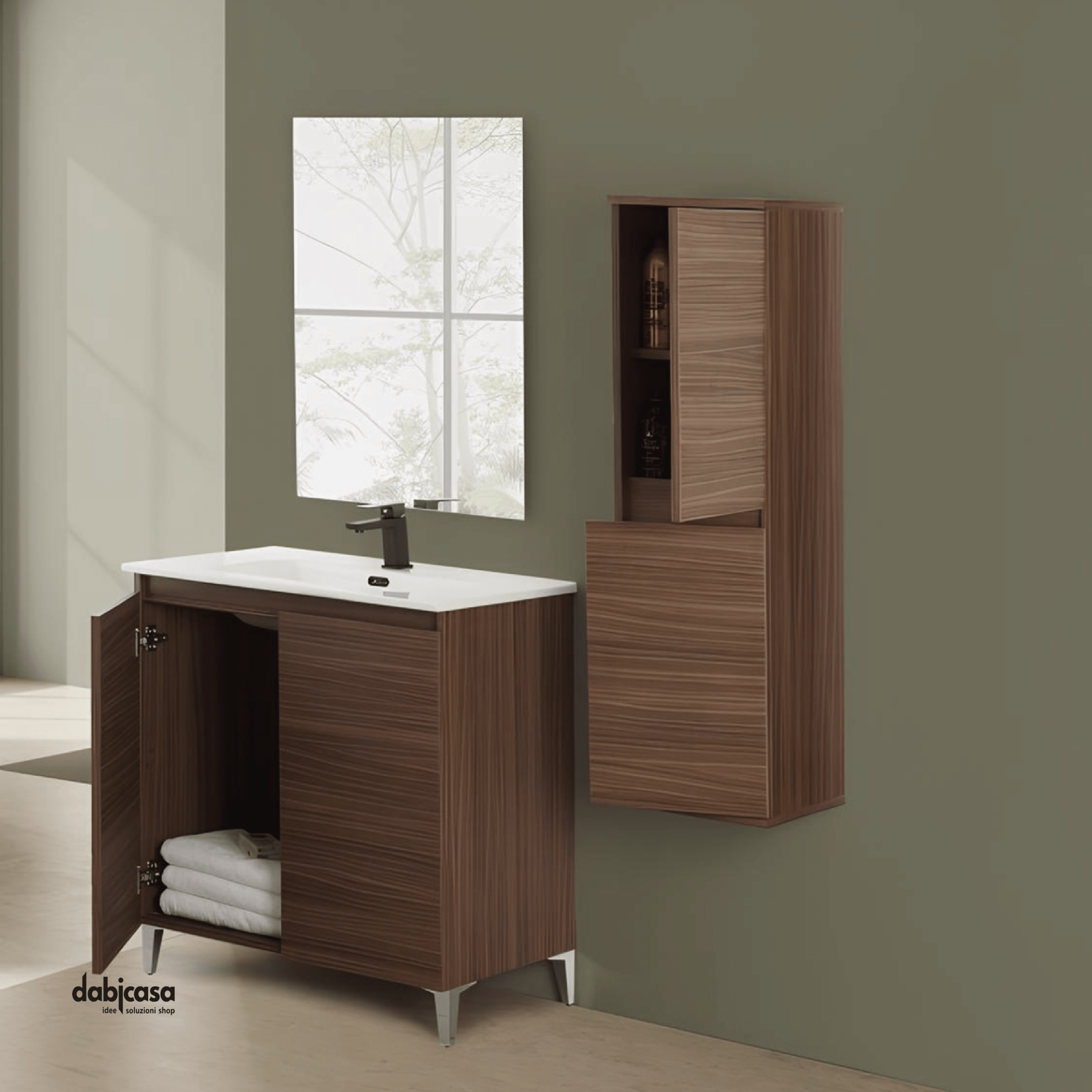 Mobile Bagno A Terra "Revital" Da 80 Cm Composto Da Due Ante Lavabo E Specchio Finitura Noce Canaletto - Dabicasa