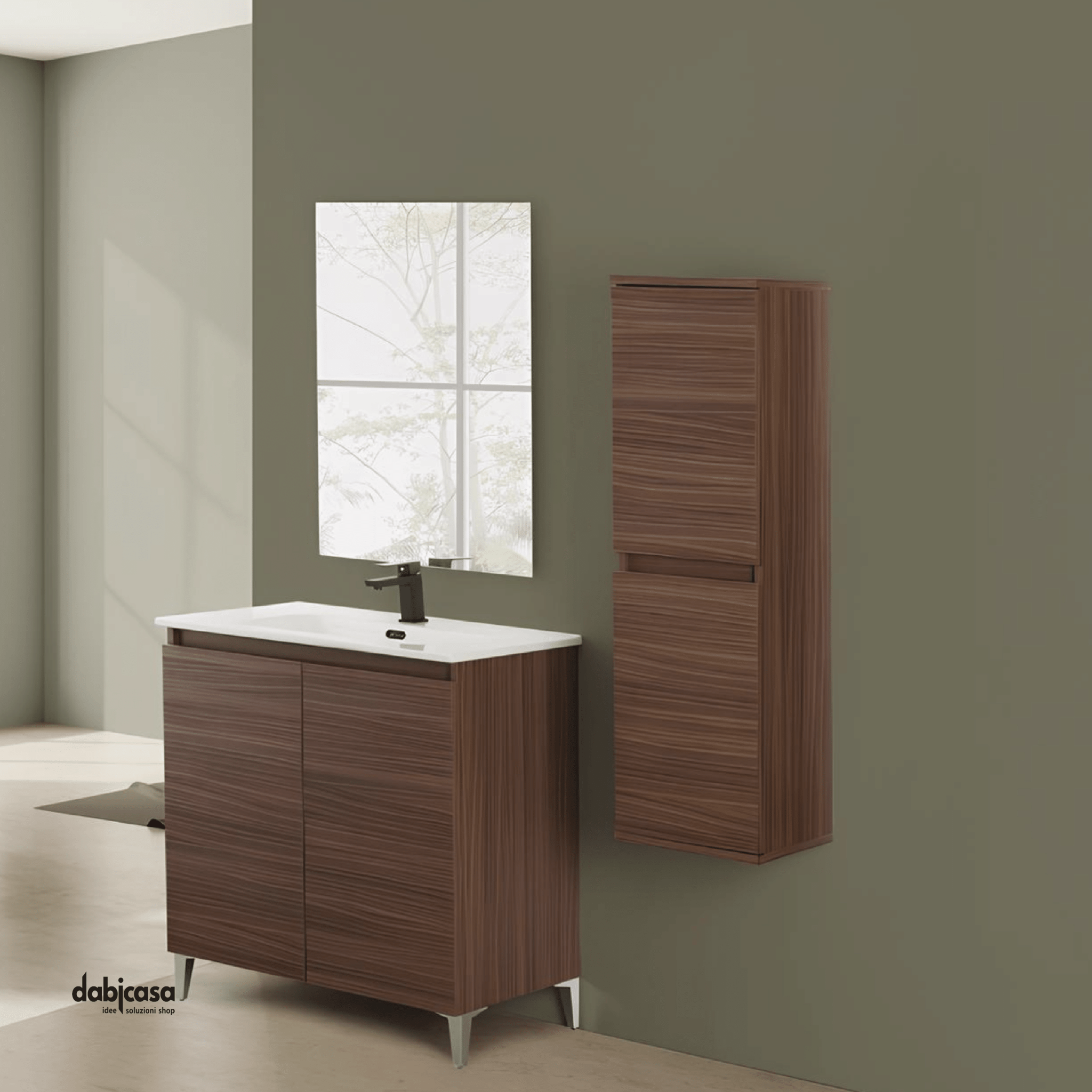 Mobile Bagno A Terra "Revital" Da 80 Cm Composto Da Due Ante Lavabo E Specchio Finitura Noce Canaletto - Dabicasa