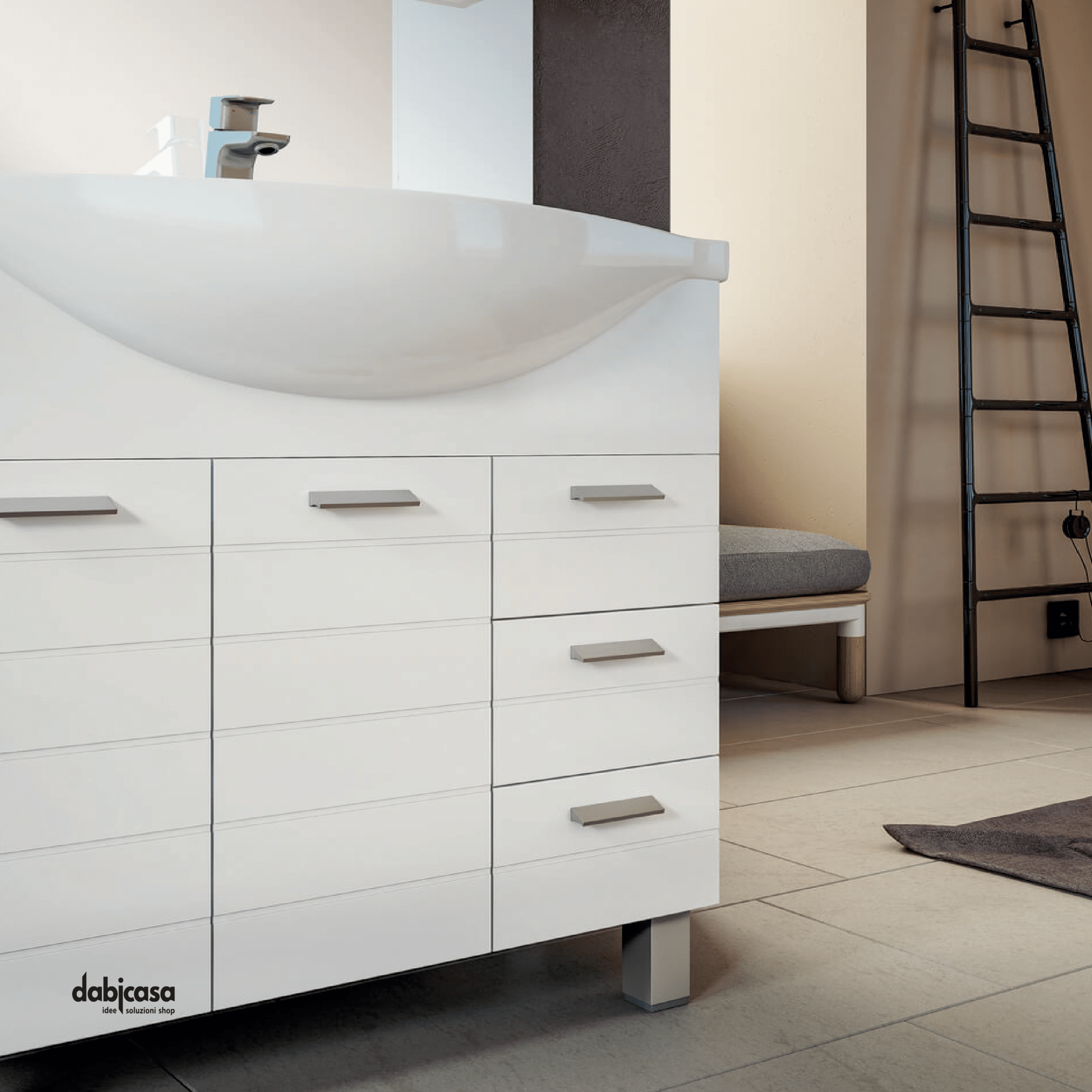 Mobile Bagno A Terra "Rigo 1" Da 105 Cm Composto Da Due Ante e Tre Cassetti Lavabo E Specchio Con Faretti Led Finitura Bianco Lucido - Dabicasa