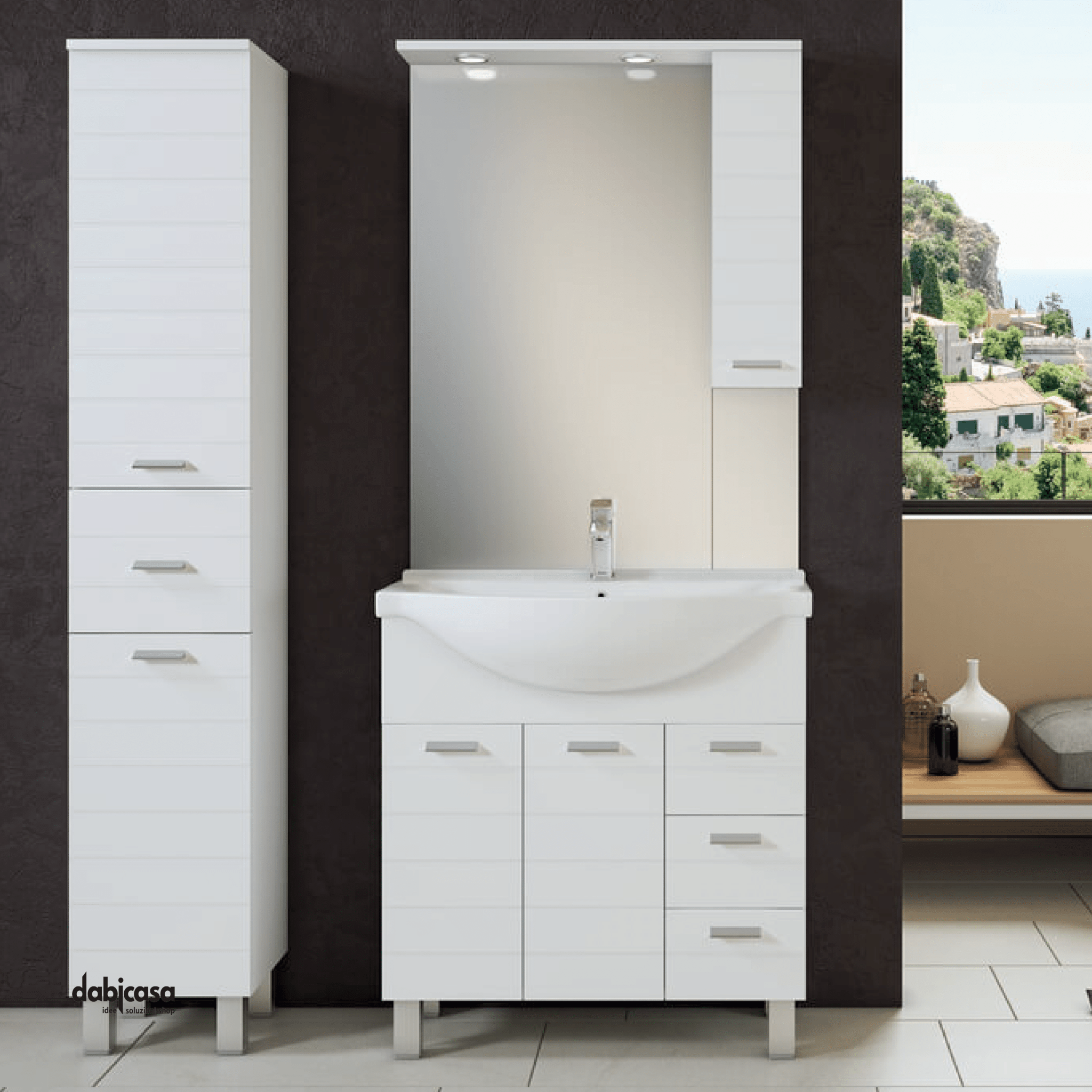 Mobile Bagno A Terra "Rigo 1" Da 105 Cm Composto Da Due Ante e Tre Cassetti Lavabo E Specchio Con Faretti Led Finitura Bianco Lucido - Dabicasa