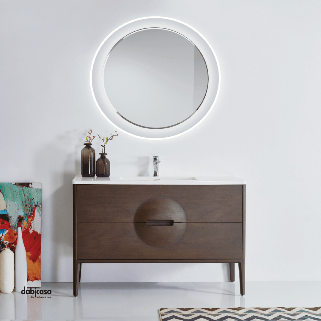 Mobile Bagno A Terra "Sphere" Da 120 Cm Composto Da Due Cassetti Lavabo E Specchio Finitura Noce - Dabicasa