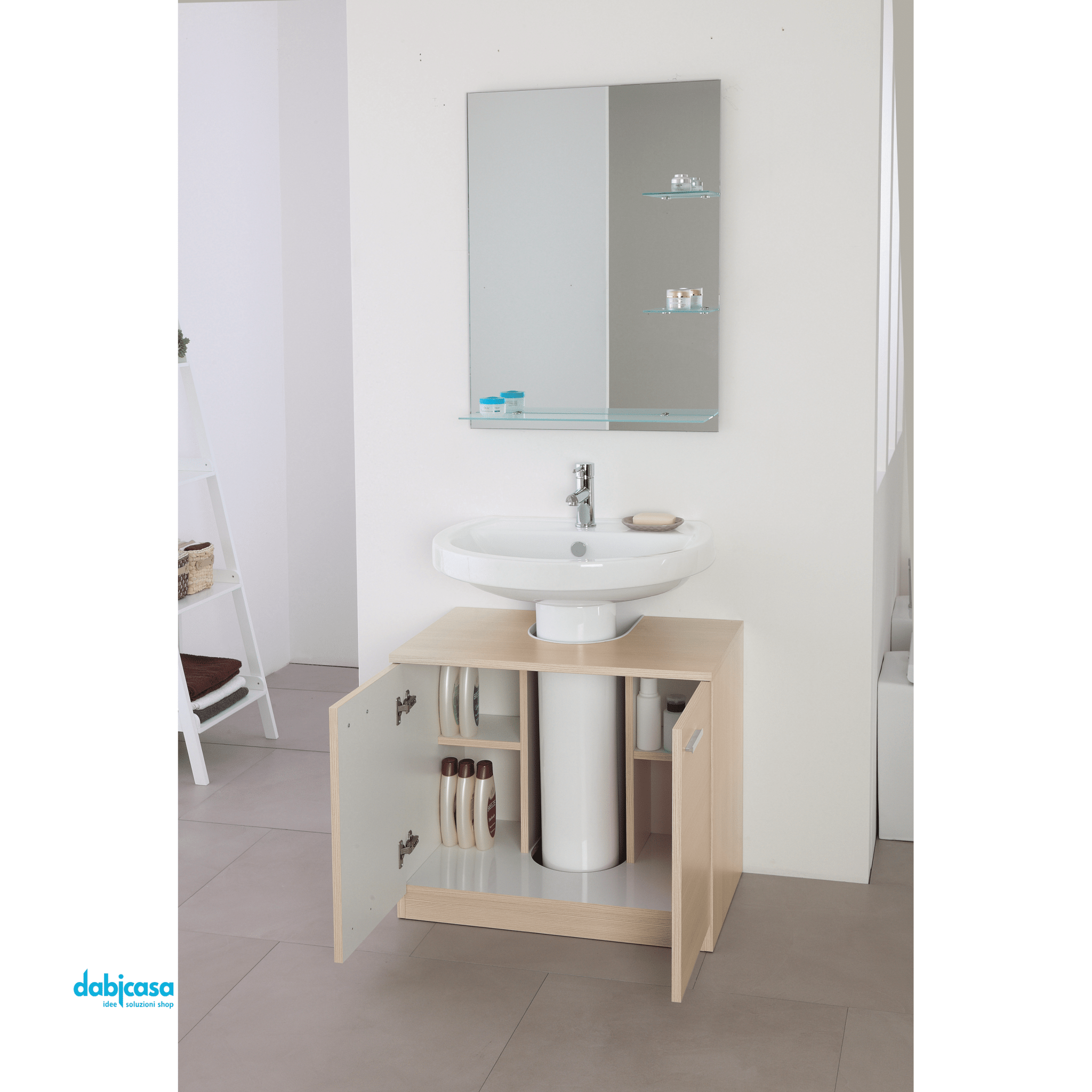 Mobile Bagno A Terra "Stella" Da 70 cm Composto Da Due Ante Lavabo E Specchio Con Mensole Finitura Larice - Dabicasa