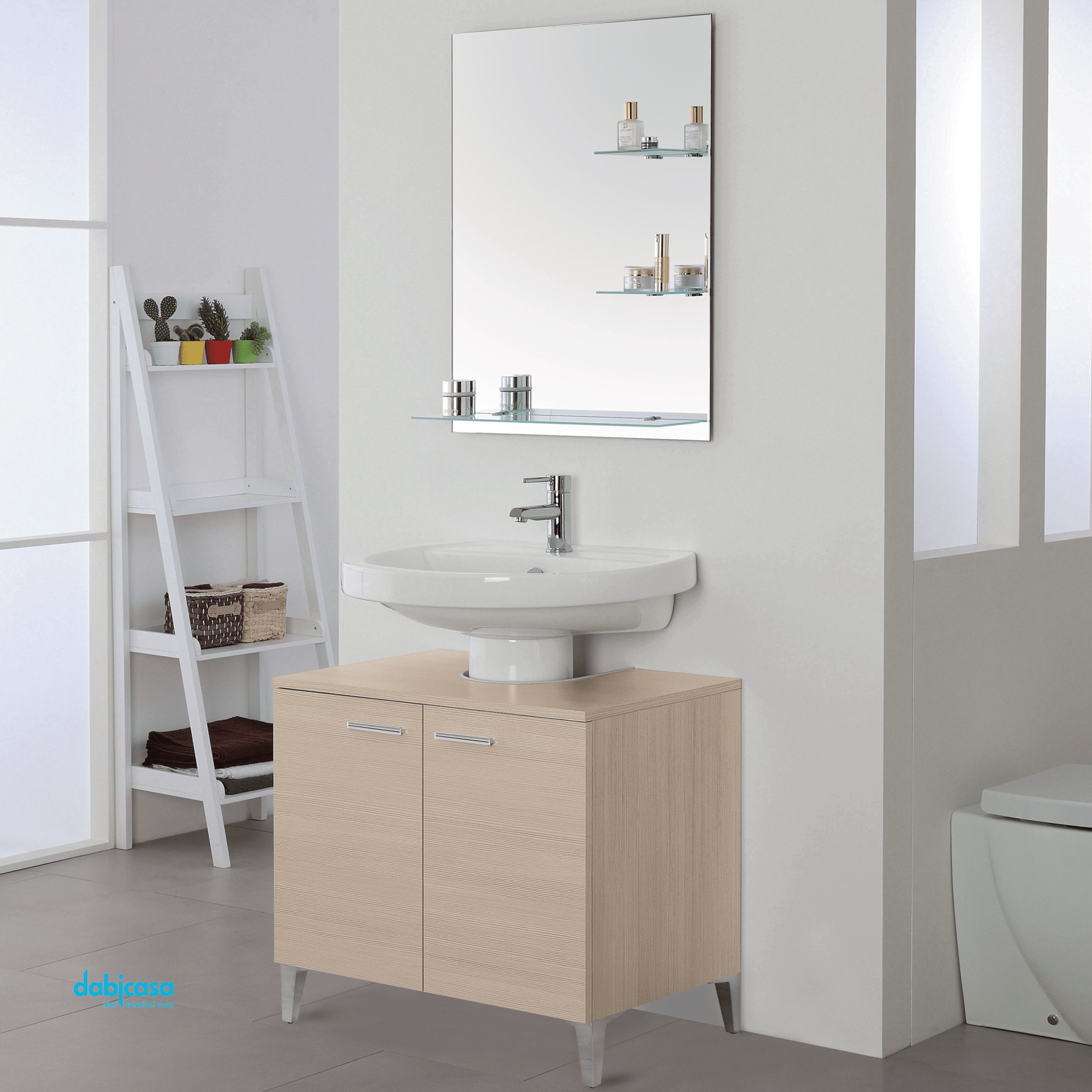 Mobile Bagno A Terra "Stella" Da 70 cm Composto Da Due Ante Lavabo E Specchio Con Mensole Finitura Larice - Dabicasa