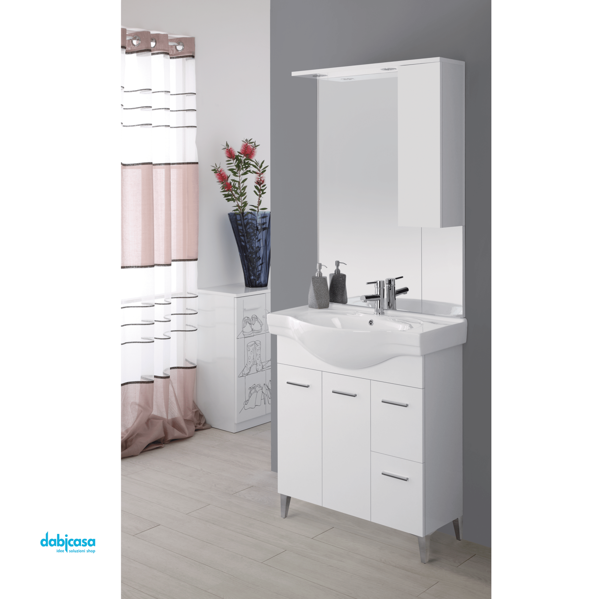 Mobile Bagno A Terra "Stella" Da 85 Cm Composto Da Due Ante E Due Cassetti Lavabo E Specchio Con Pensile Finitura Bianco Lucido - Dabicasa