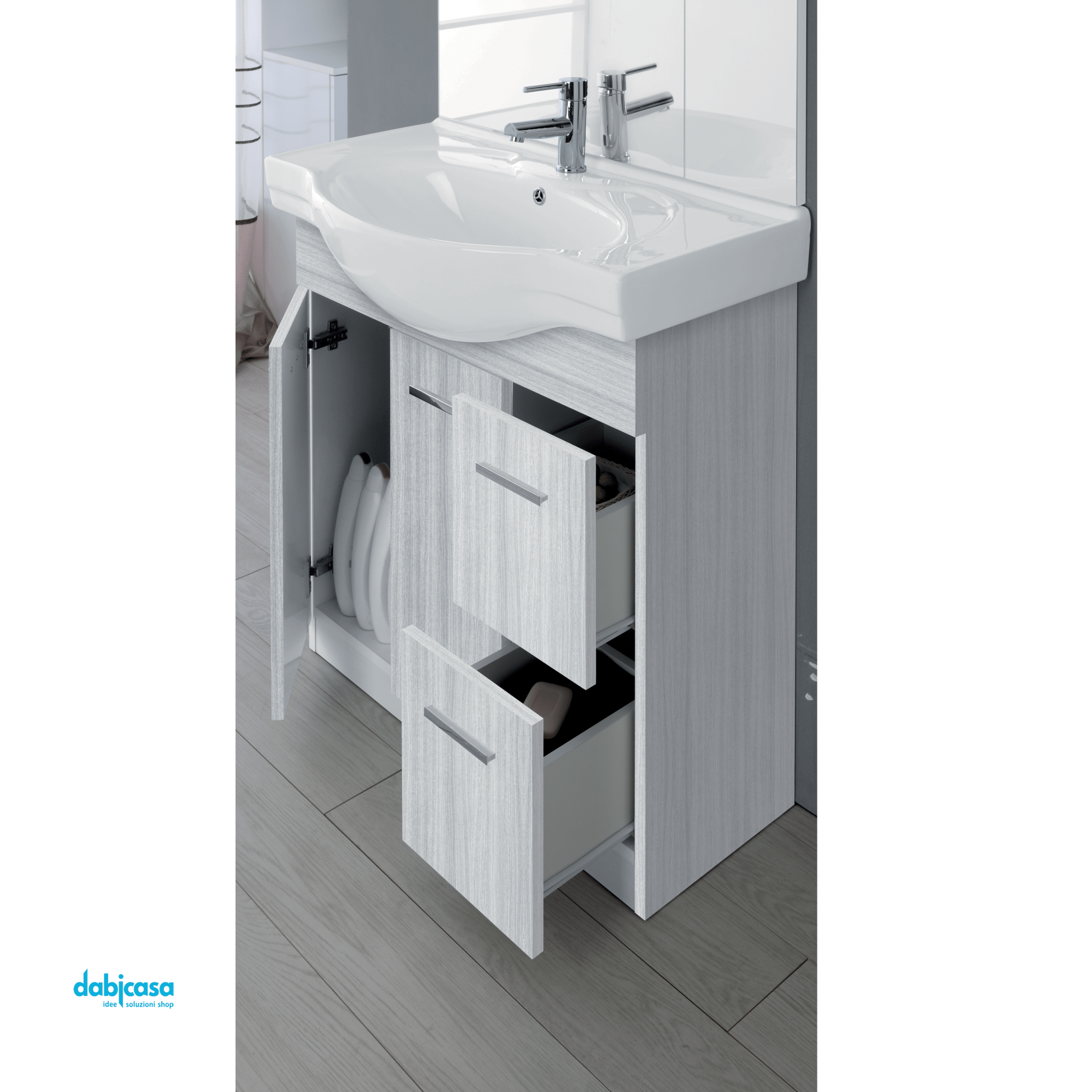 Mobile Bagno A Terra "Stella" Da 85 Cm Composto Da Due Ante E Due Cassetti Lavabo E Specchio Finitura Grigio - Dabicasa