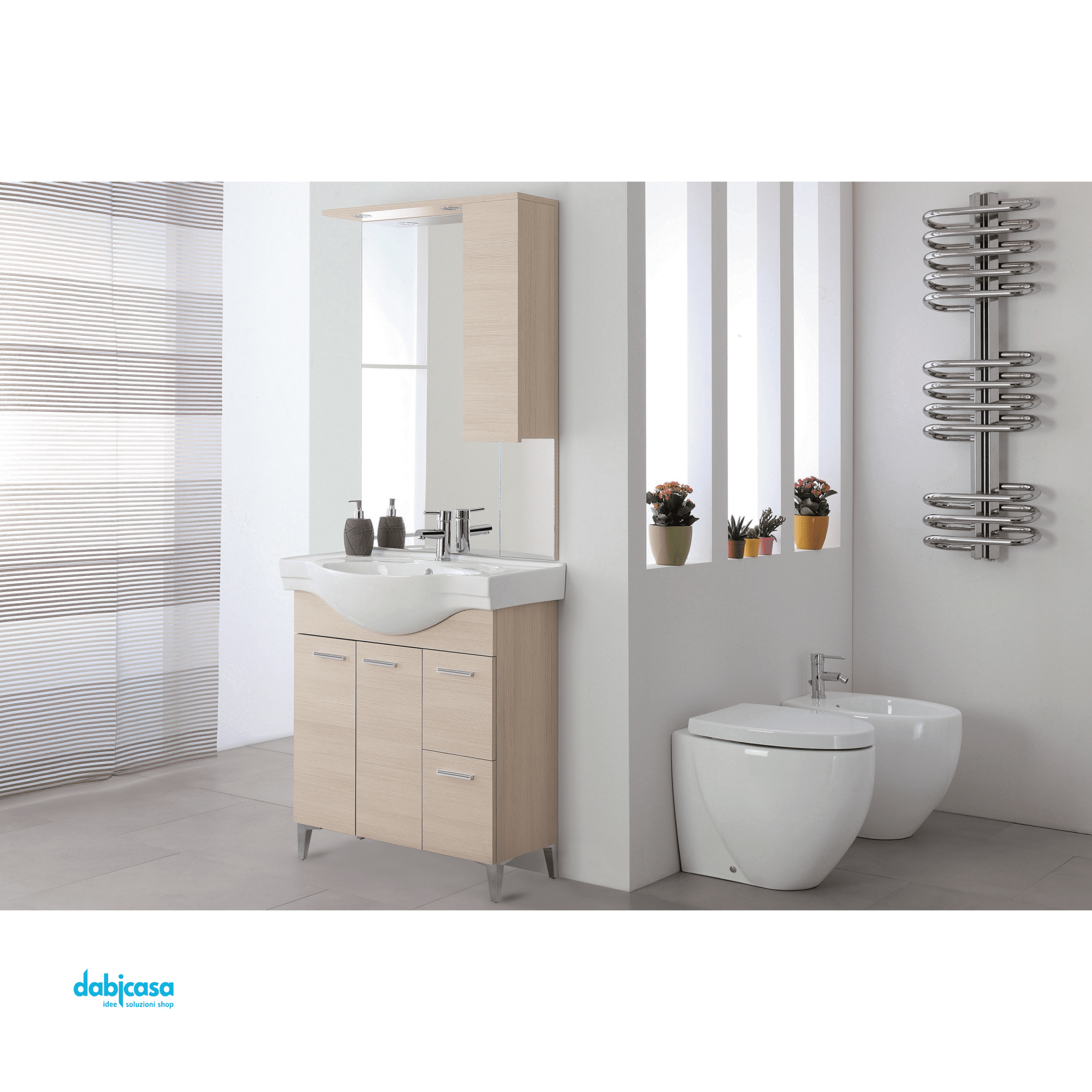 Mobile Bagno A Terra "Stella" Da 85 Cm Composto Da Due Ante E Due Cassetti Lavabo E Specchio Finitura Larice - Dabicasa