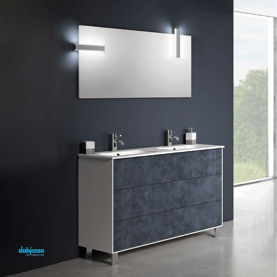 Mobile Bagno A Terra "Step" Da 120 Cm Composto Da Tre Cassetti Lavabo Con Doppia Vasca E Specchio Con Doppia Lampada Led - Dabicasa